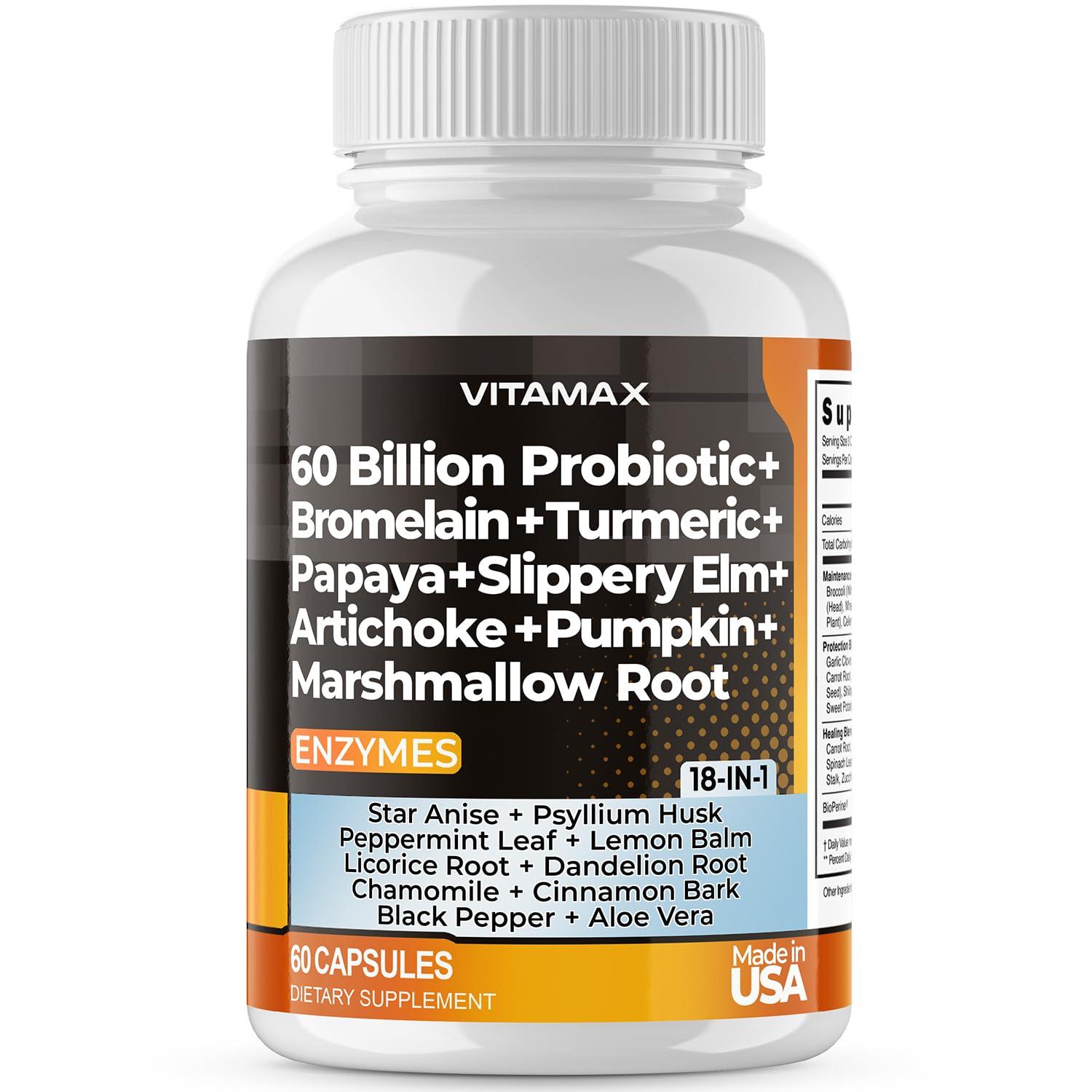 Vitamax Vitamax 60B Probiotic Digestive Gut Health Supplement - Slippery Elm, Coriander, Papaya, Turmeric, Ginger, Psyllium Husk, Licorice, Marshmallow Root - Men & Women - Made in USA (60 Count (Pack of 1)