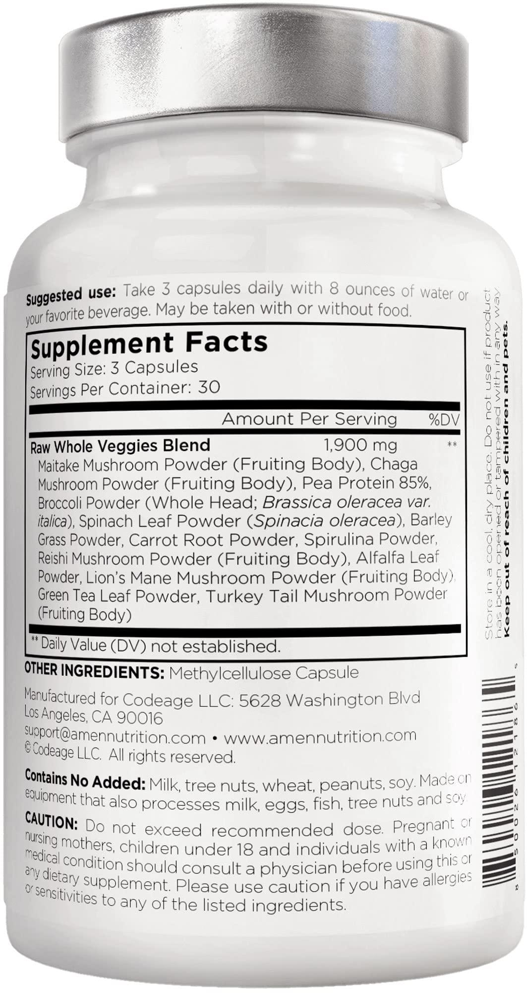 Amen Amen Veggies, Daily Veggies Vitamins Supplement, Vegetables Vegan Blend & Whole-Food Raw Greens Multivitamin Capsules, Mushroom Complex, Superfood, Minerals, Green Vegetable Nutrients, Non-GMO, 90 ct