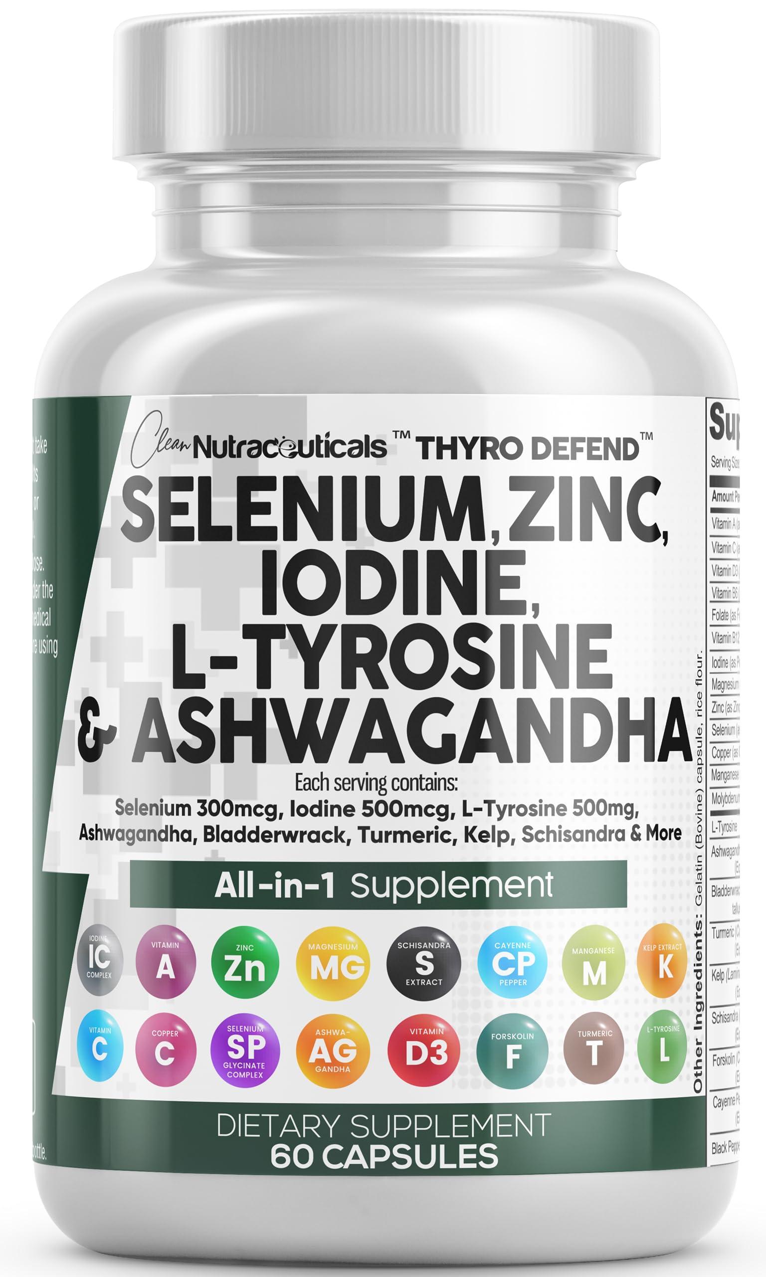 Clean Nutraceuticals Clean Nutra Selenium 300mcg Iodine 500mcg Thyroid Support for Women & Men | L Tyrosine 500mg Ashwagandha Supplement Bladderwrack, Turmeric, Kelp, Schisandra Zinc Pills Capsule Supplements