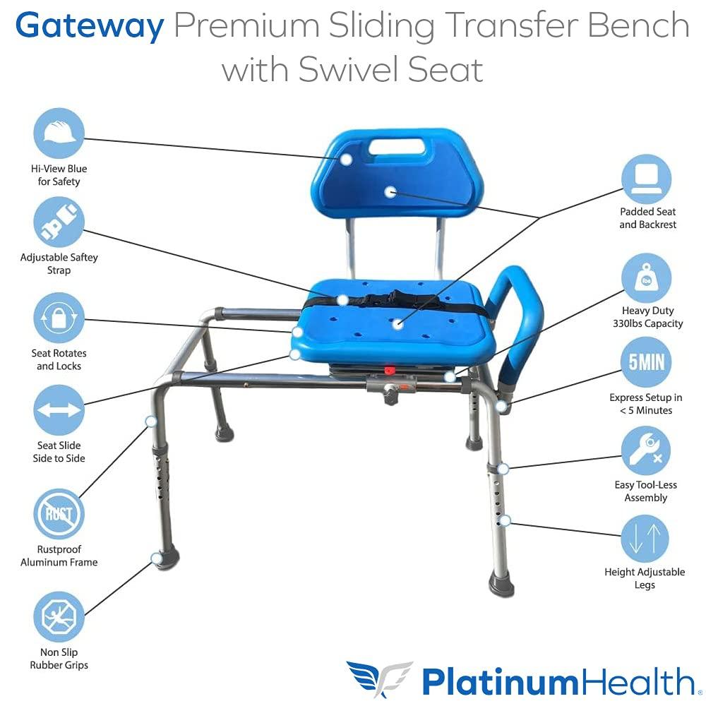 Platinum Health Platinum Health Gateway Premium Sliding Bath Transfer Bench with Swivel Seat-Padded (Blue)