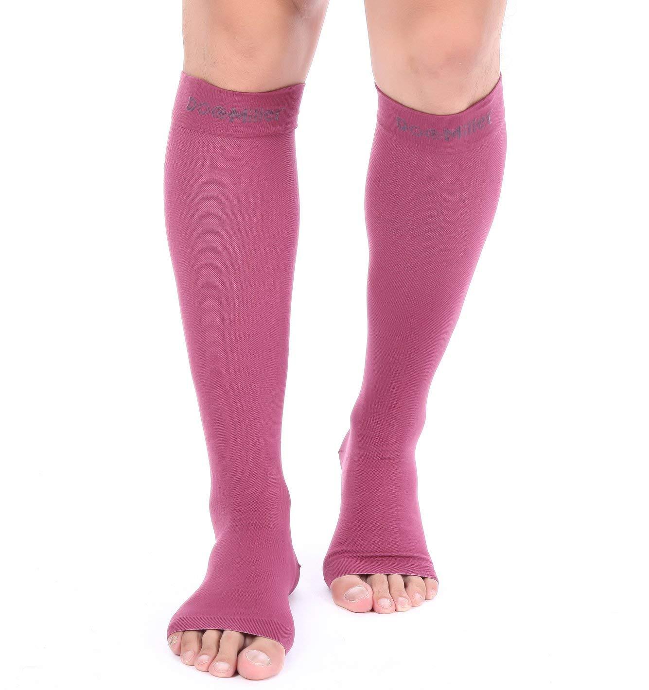 Doc Miller Doc Miller Open Toe Compression Socks, 20-30 mmHg, Toeless, Support Circulation, Shin Splints, Calf Recovery, Post Op, Knee High, Medical Grade, Maroon Socks, Small Size for Men & Women, Pair