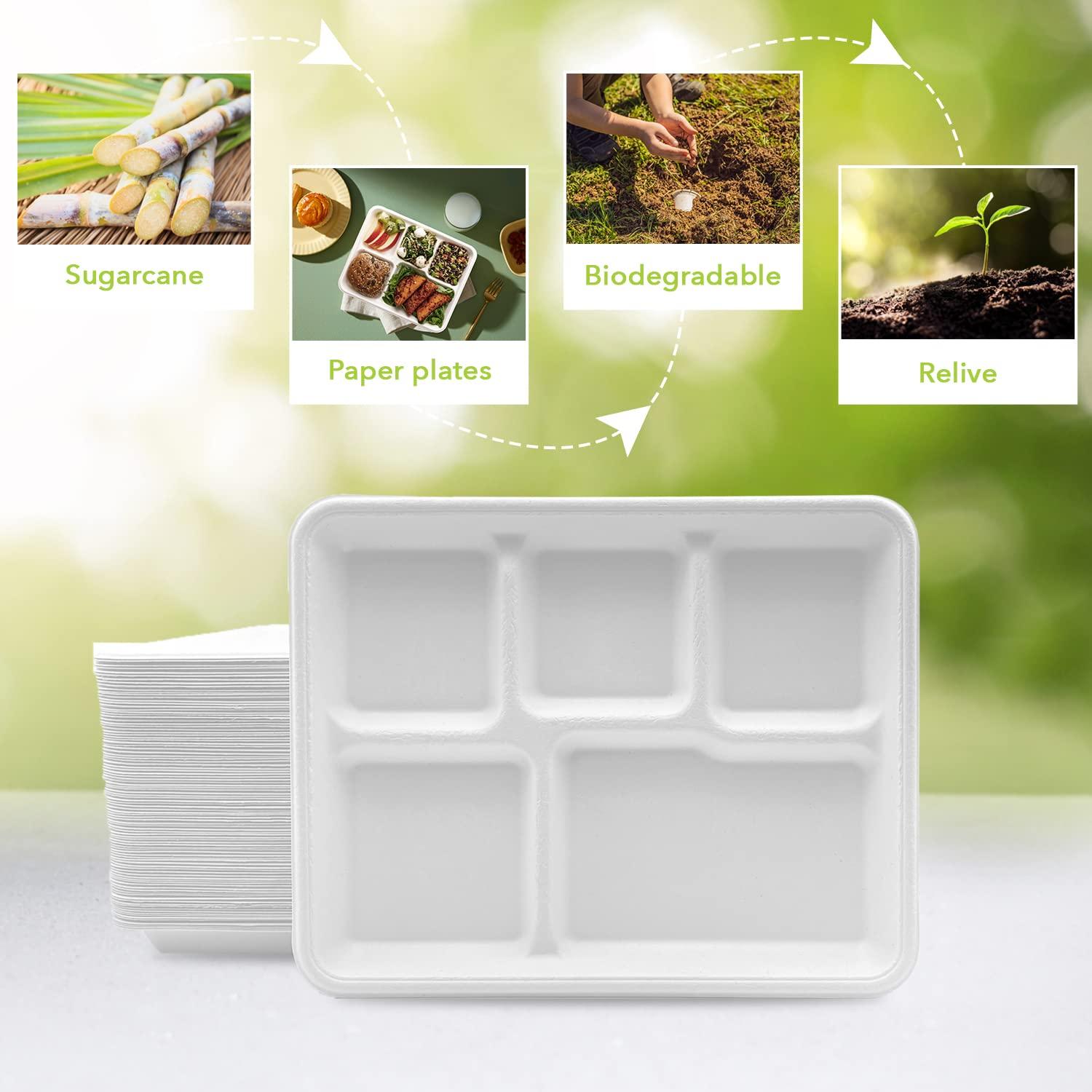 Three Leaf Three Leaf 5 COMPARTMENT BAGASSE (SCHOOL) TRAY 150 Ct. Heavy-Duty- Super Strong- Natural- Eco-Friendly Disposable Bagasse Plates, 100% Biodegradable 5 Compartment meal Plates