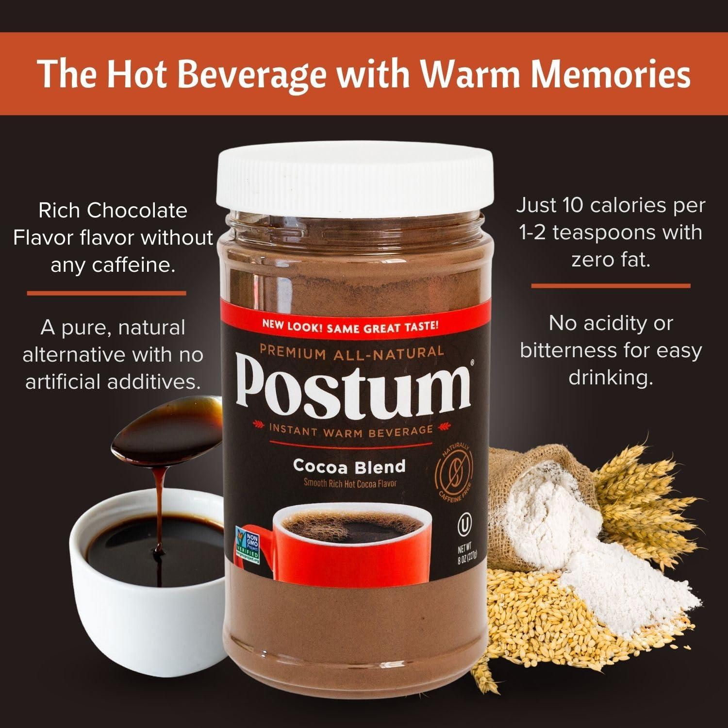 Postum Postum Cocoa Blend Flavor Coffee Substitute Caffeine Free Delight with Roasted Wheat Bran & Molasses (2 x 8oz)| Natural, Non-GMO, Vegan & Healthy Coffee Alternative Caffeine Free Hot Chocolate