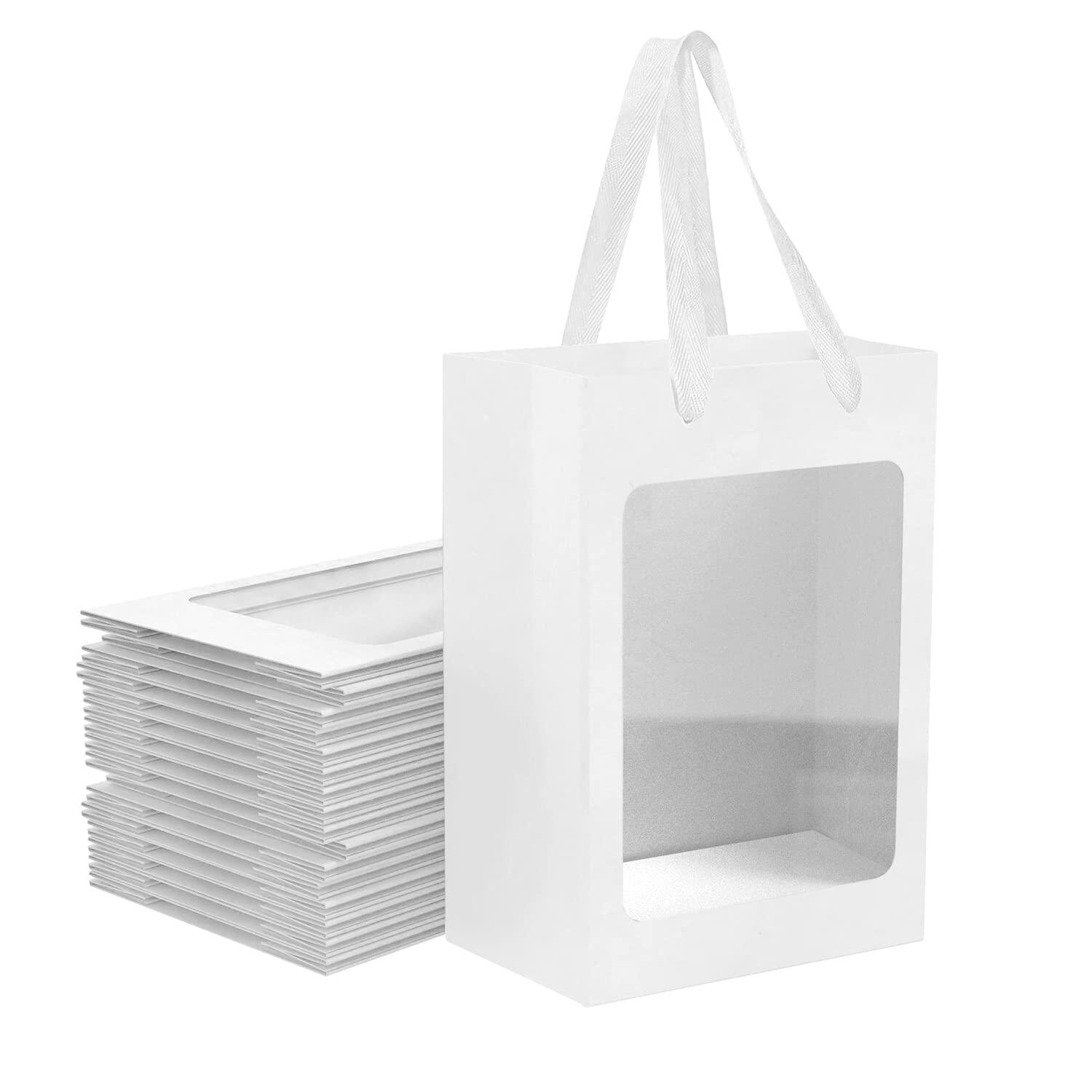 BallHull 12 Pcs White Kraft Paper Gift Bags with Transparent Window, 9.84\"x7.0\"x5.12\" Kraft Shopping Bags with Handles for Present, Festivals Party