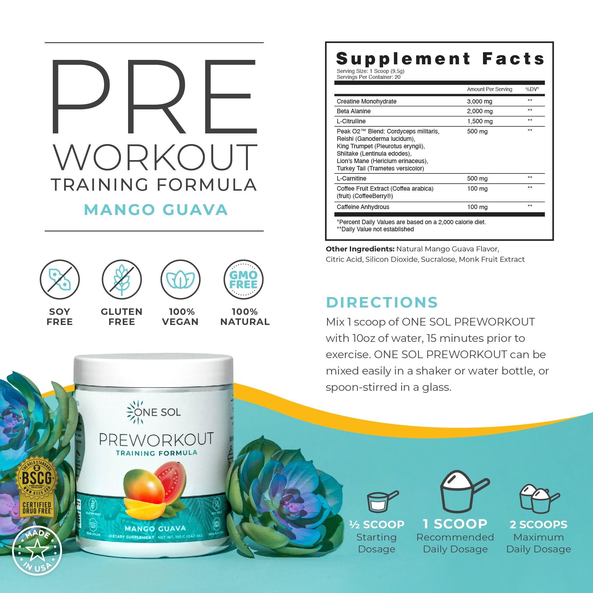 One Sol One Sol Pre-Workout for Women, Enhanced Pump & Focus, No Jitters Or Crash, Natural Ingredients, 100% Vegan, Gluten Free & Soy Free, (Mango Guava)