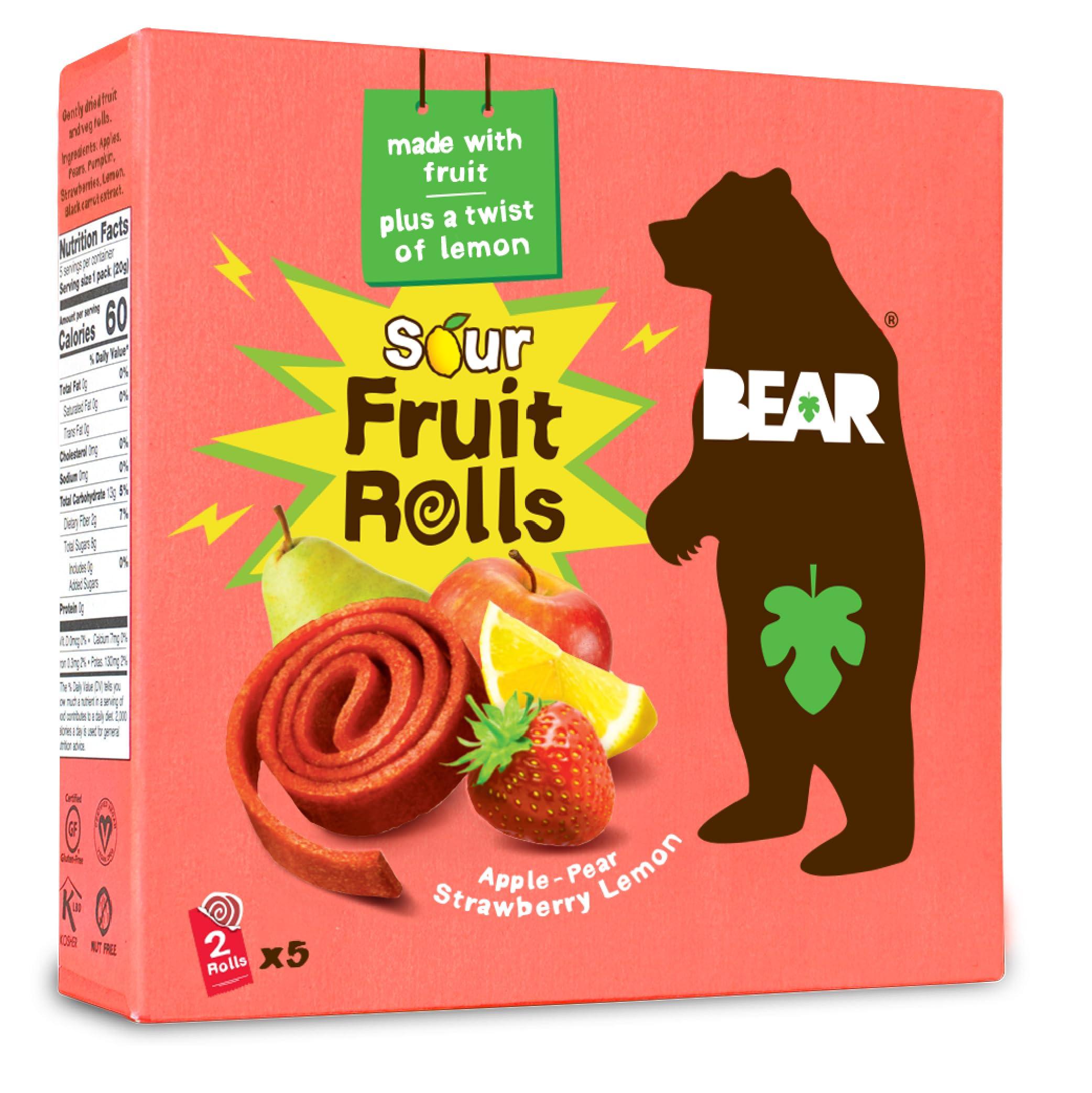 BEAR BEAR Sour - Real Fruit Yoyos - Strawberry-Apple - 0.7 Ounce (5 Count) - No added Sugar, All Natural, non GMO, Gluten Free, Vegan - Healthy on-the-go snack for kids & adults