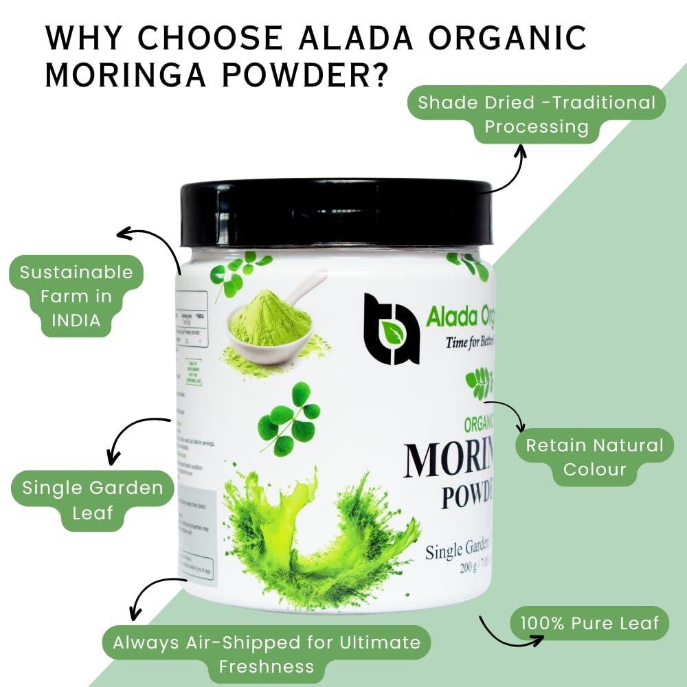 ALADA ORGANIC ALADA ORGANIC Moringa - Moringa Powder Single Garden Premium 100% Leaf Powder India Organic Certified, Moringa Oleifera - Smoothies, Drinks, Tea & Recipes -7.05 OZ