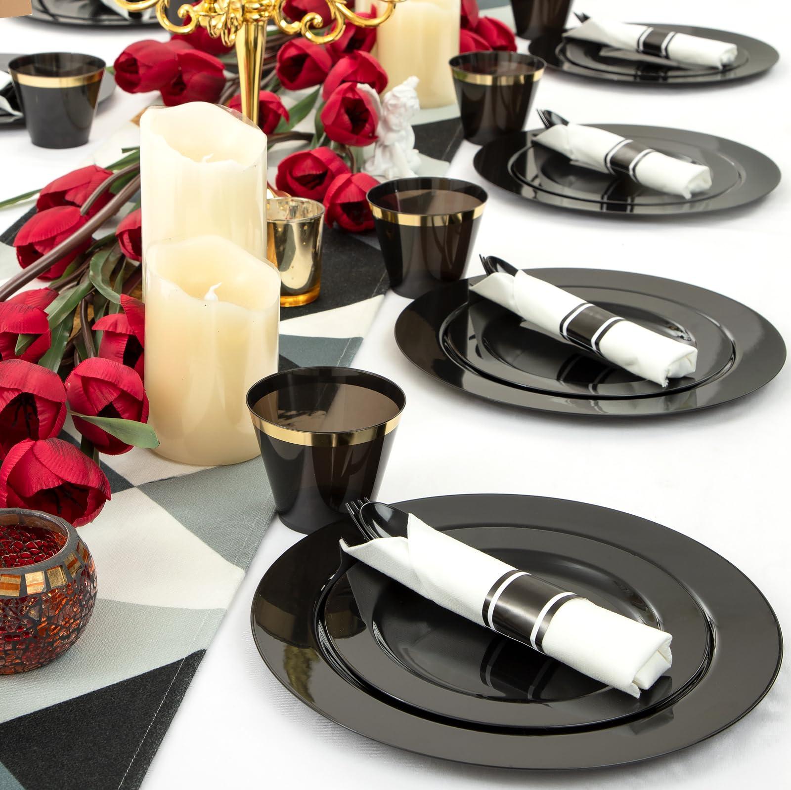 ejonirinjonir EI 350pcs Black Plastic Plates,Black Plastic Dinnerware,Pre Rolled Plastic Silverware Black,Black and Gold Cups, Black Cups and Plates for Party Suit for Halloween, Thanksgiving, Christmas