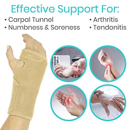 Vive Vive Wrist Brace - Carpal Tunnel Hand Compression Support Wrap for Men, Women, Tendinitis, Bowling, Sports Injuries Pain Relief - Removable Splint - Universal Ergonomic Fit (Beige, Right)