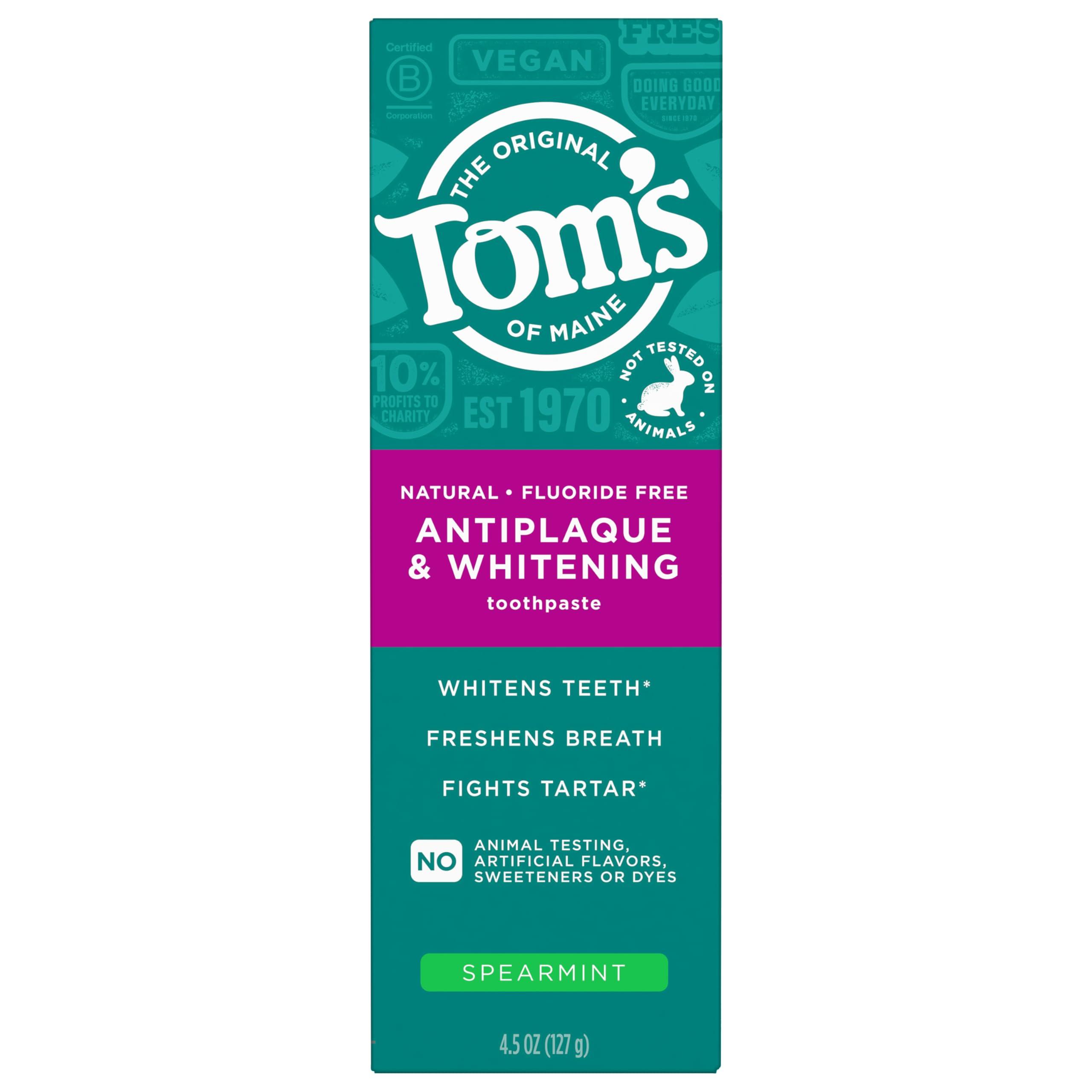 Tom\'s of Maine Toms of Maine Antiplaque and Whitening Fluoride Free Toothpaste, Spearmint, 4.5 Oz