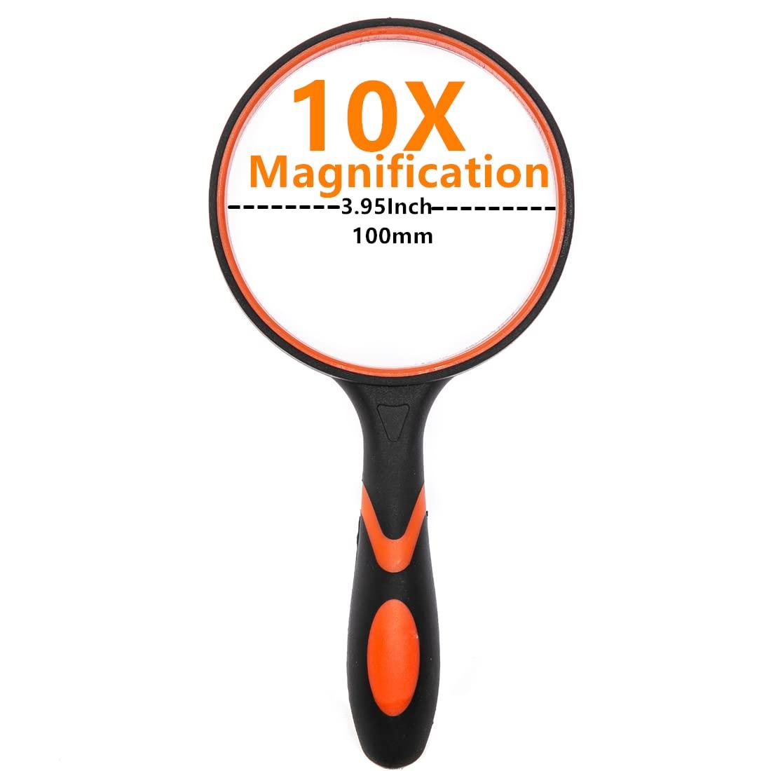 HOMEGOAL Magnifying Glass 10X Handheld Reading Magnifier with Cleaning Cloth-100MM 4INCHES Large Magnifying Lens with Non-Slip Soft Handle for Seniors Book Newspaper Reading and Kids Nature Hobby Exploration