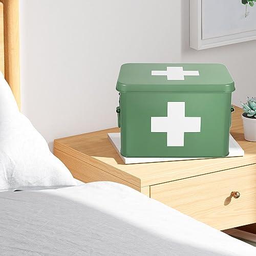 Flexzion Flexzion First Aid Box Organizer, Empty 8.5 Inch Green Vintage First Aid Kit Tin Metal Medical Box First Aid Storage Box Container Bins with Dividers, Removable Tray and Cross Logo