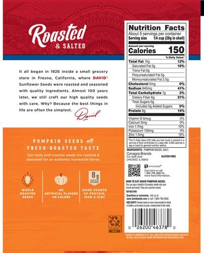 DAVID Seeds DAVID Seeds Salted and Roasted Pumpkin Seeds, Keto Friendly Snack, 5 OZ Bags, 12 Pack