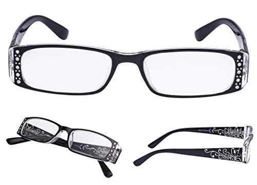 LUR READING GLASSES 4 pack Sparkly Laser Floral Pattern Readers with Crystals for Women Reading (Black, 1.00)