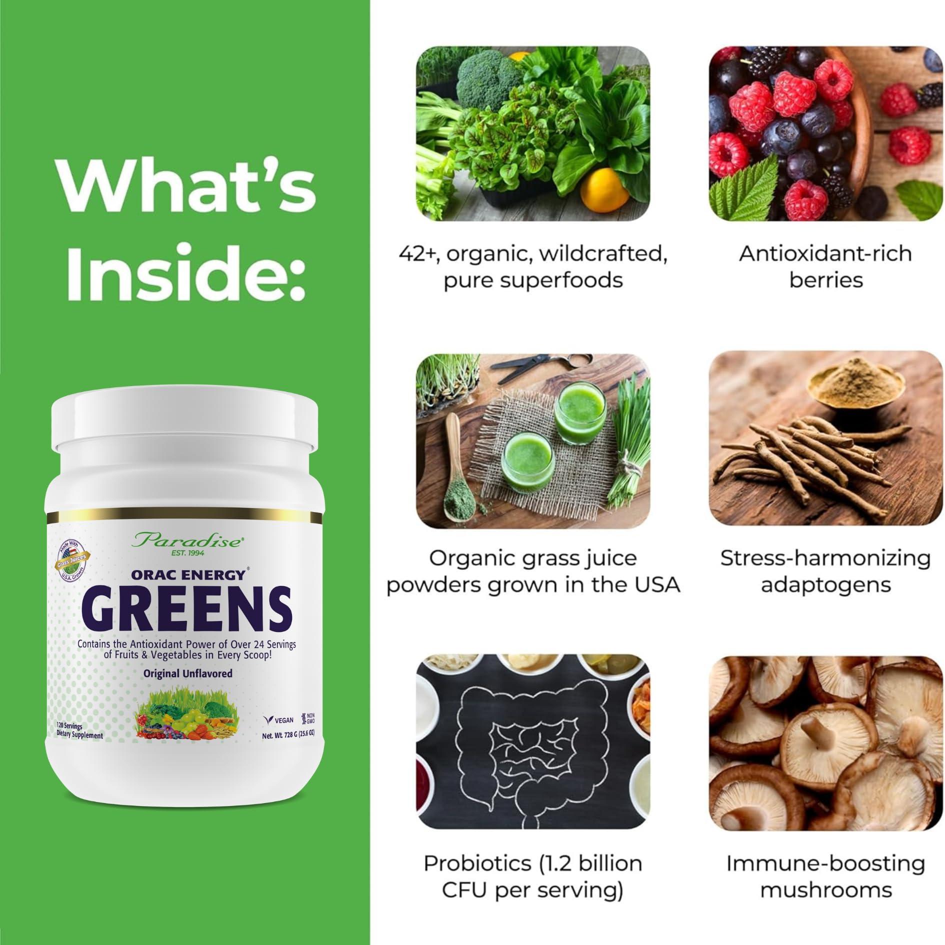 Paradise Herbs Paradise Herbs, ORAC Energy Greens Powder, Antioxidant Power of 24 Servings of Fruits & Vegetables in 1 Scoop, 120 Servings