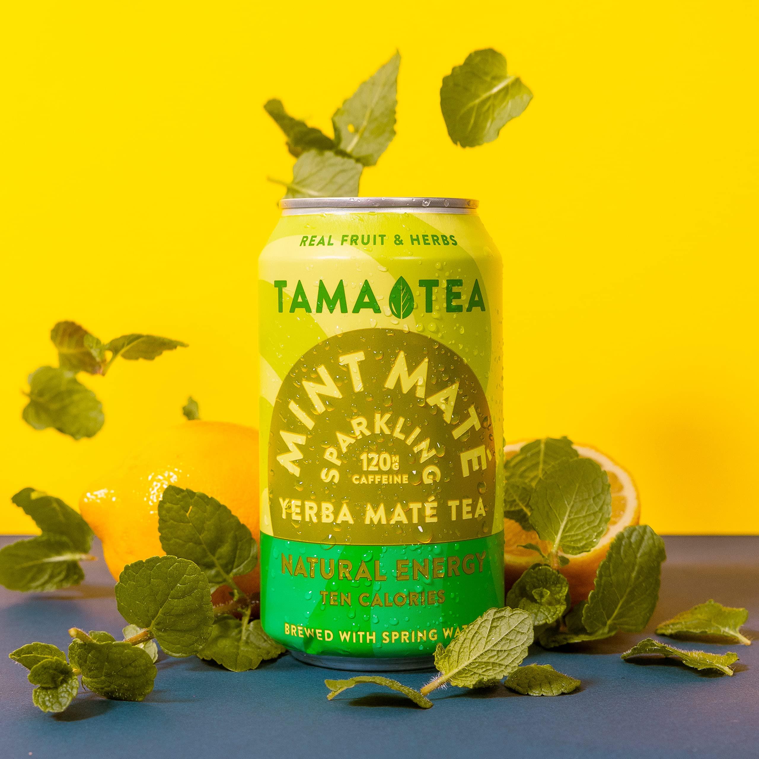 Tama Tea Sparkling Mint Yerba Mate by Tama Tea - Unsweetened Natural Energy Drink with Real Fruit & Herbs - Healthy Caffeine Drink Alternative - 120mg of Brain-Boosting Caffeine, 10 Calories - 12oz Pack of 12