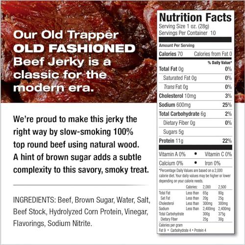 Old Trapper Old Trapper Beef Jerky, Old-Fashioned 10-Ounce Bag, Tender Meat Snacks for Lunches or Between Meals, 11 Grams of Protein, Zero Grams of Fat, and 70 Calories per Ounce (Pack of One)