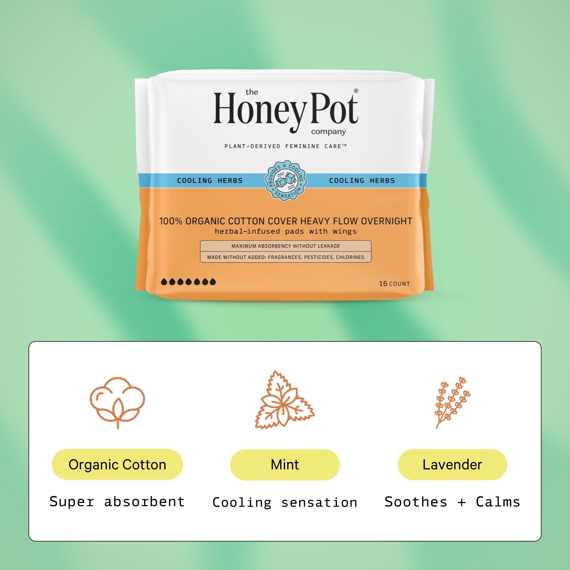 The Honey Pot Company The Honey Pot Company - 64ct - Herbal Sanitary Pads for Women - Heavy Flow Overnight w/Wings - Infused w/Essential Oils for Cooling Effect & Organic Cotton Cover - Feminine Care - FSA & HSA
