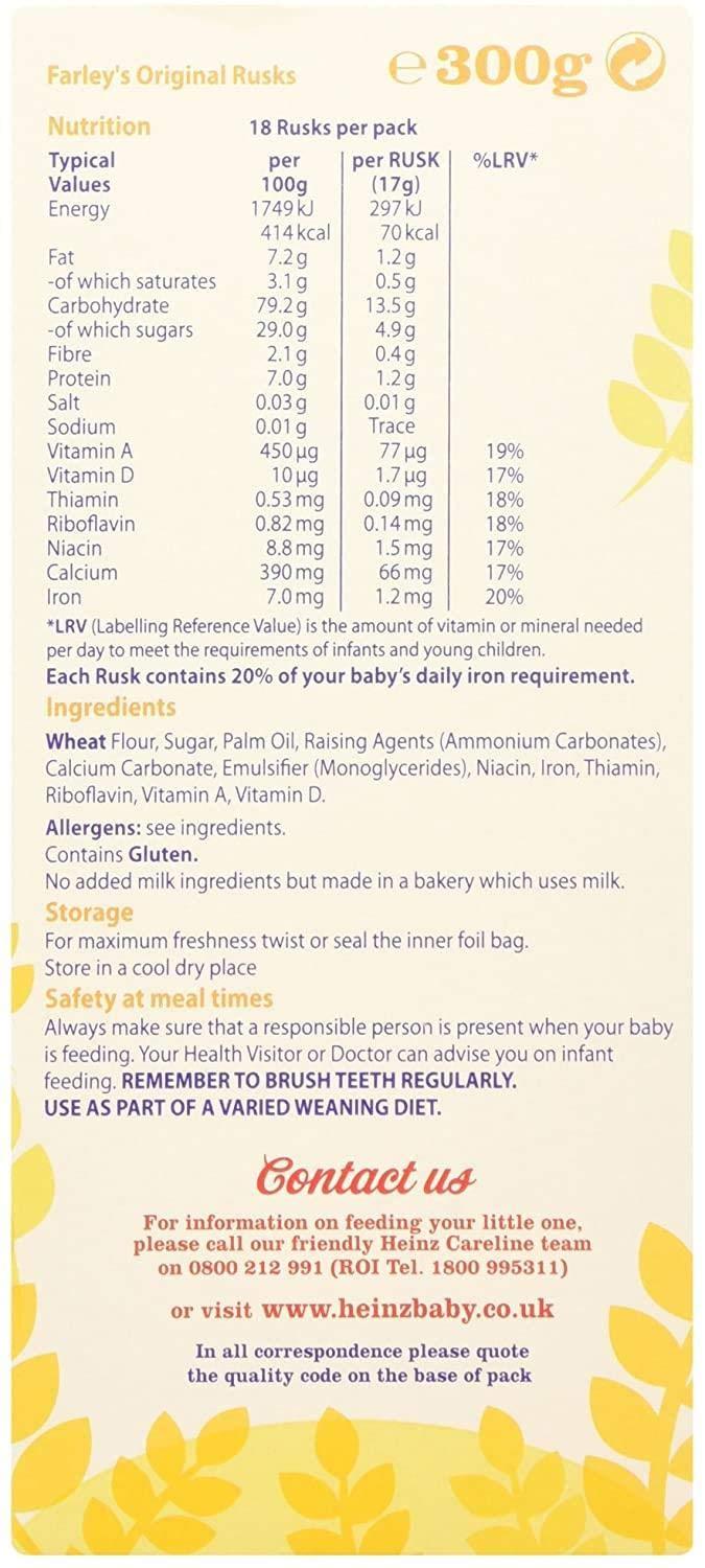 Heinz Farley\'s Rusks Original Biscuits 300g Made from the finest baby grade ingredients. A great way to gradually introduce your baby to solid foods. Packed with 7 key vitamins and minerals