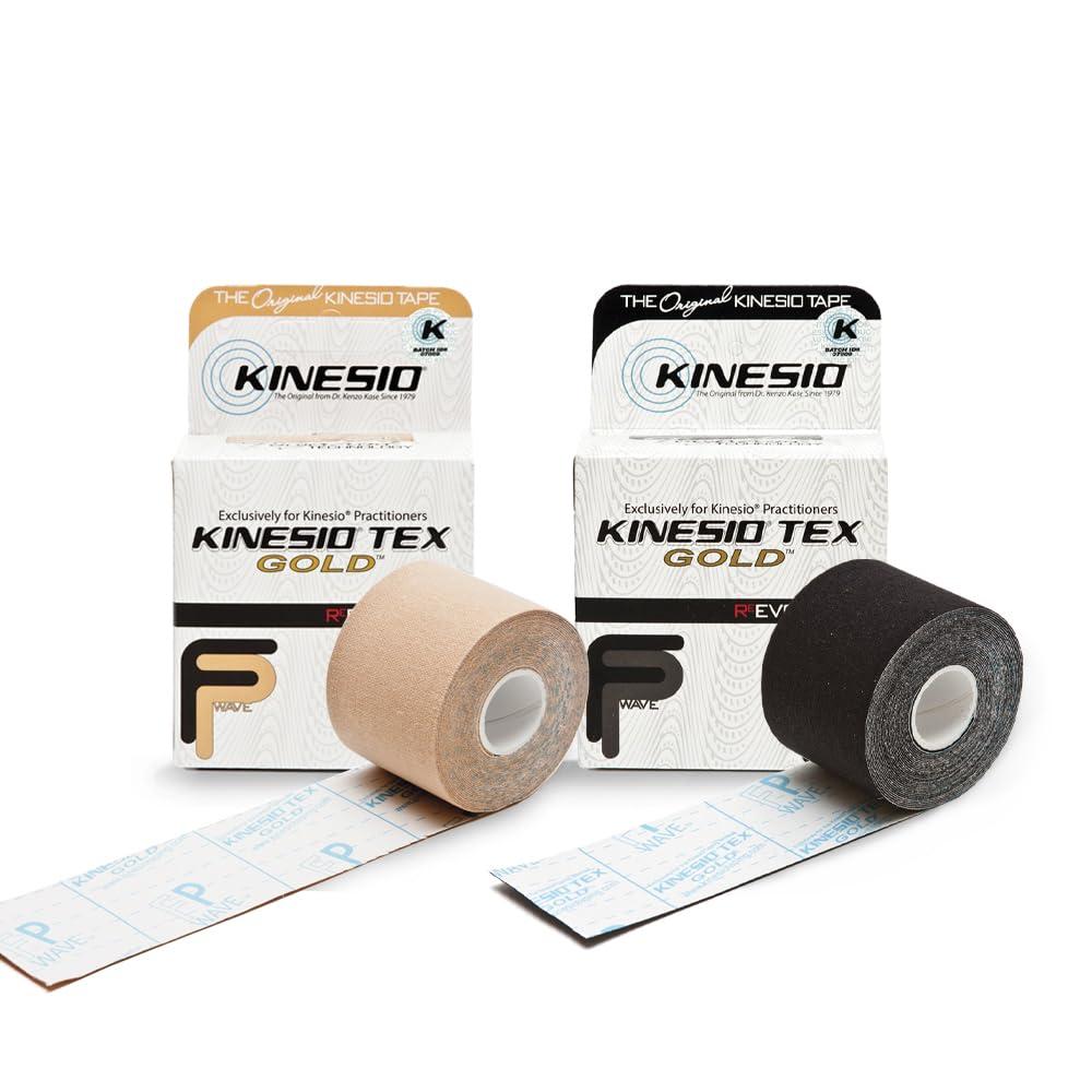 Kinesio Kinesio Taping - Elastic Therapeutic Athletic Tape Tex Gold FP Bundle - Beige & Black Each Roll 2 in. x 16.4 ft - 2 Rolls