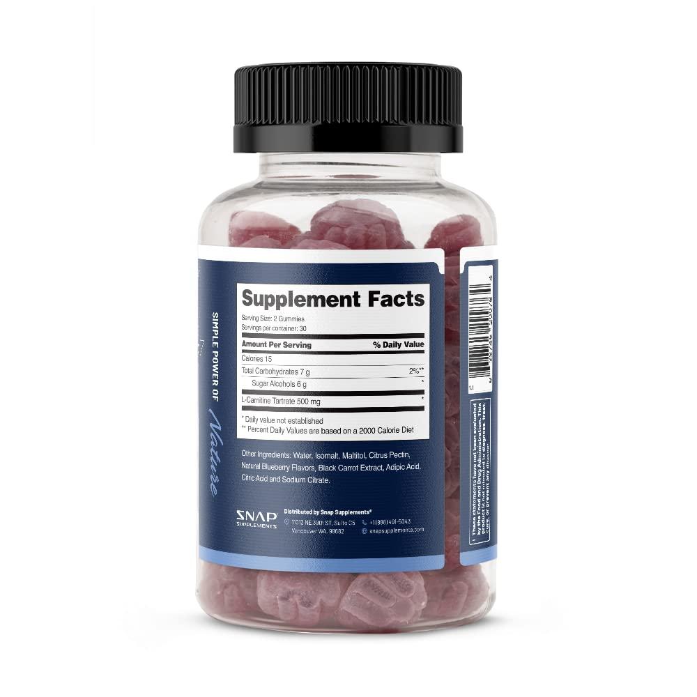 Snap Supplements Sugar Free L Carnitine 500mg Gummy - Natural Pre Workout L-Carnitine Supplement - Increased Energy, Faster Recovery, Boost Metabolism, Pre Workout for Women & Men, Blueberry Flavor (60 Gummies)