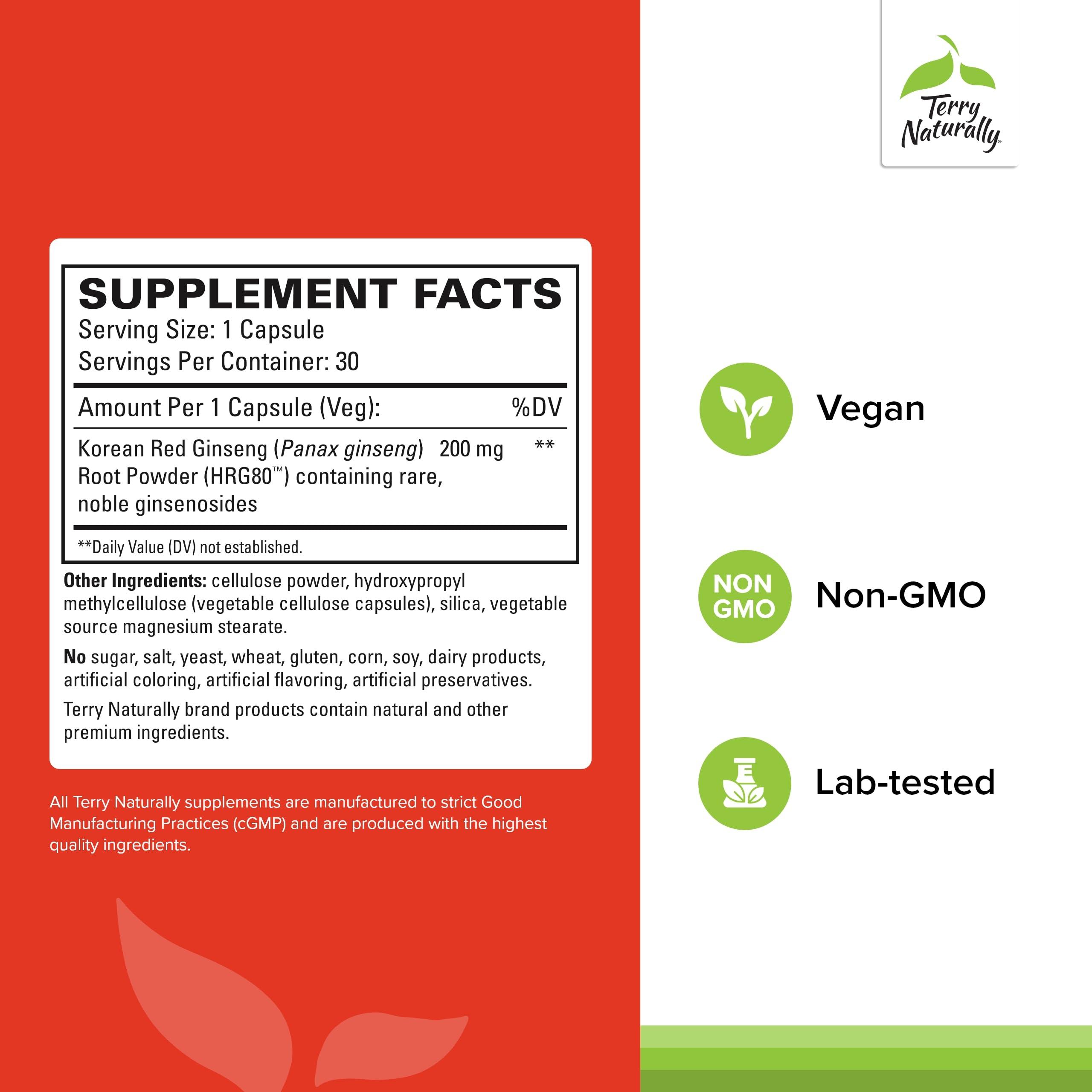 Terry Naturally Terry Naturally HRG80 Red Ginseng Energy - 30 Capsules - Red Ginseng Root Powder, Panax Ginseng, HRG80 - Non-GMO, Vegan, Gluten Free 30 Servings