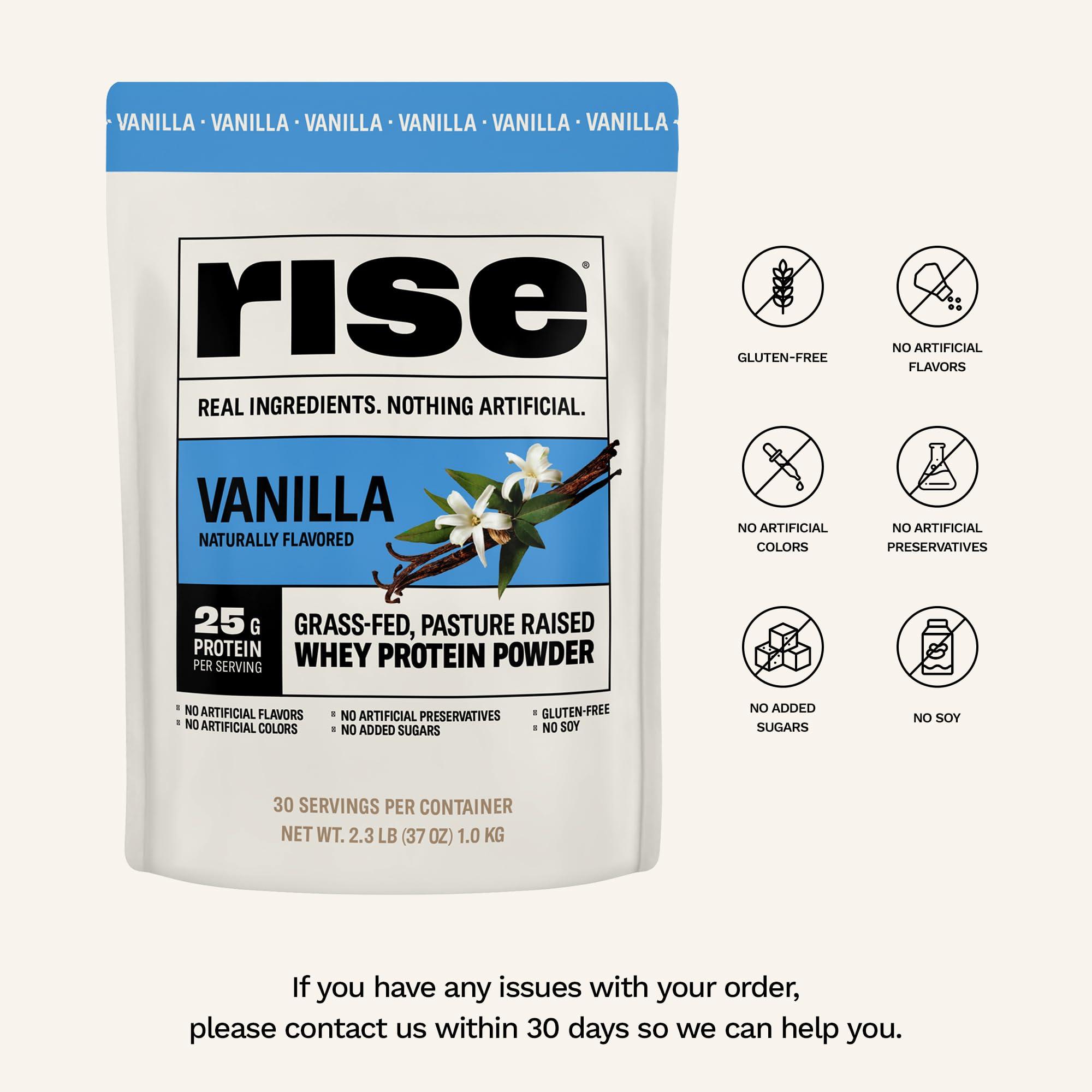Rise Rise Grass-Fed Whey Protein Powder - Vanilla | 25g Protein No Artificial Flavors, Colors, or Preservatives - Sugar Free, Gluten-Free, Soy Free (2.3 lbs)