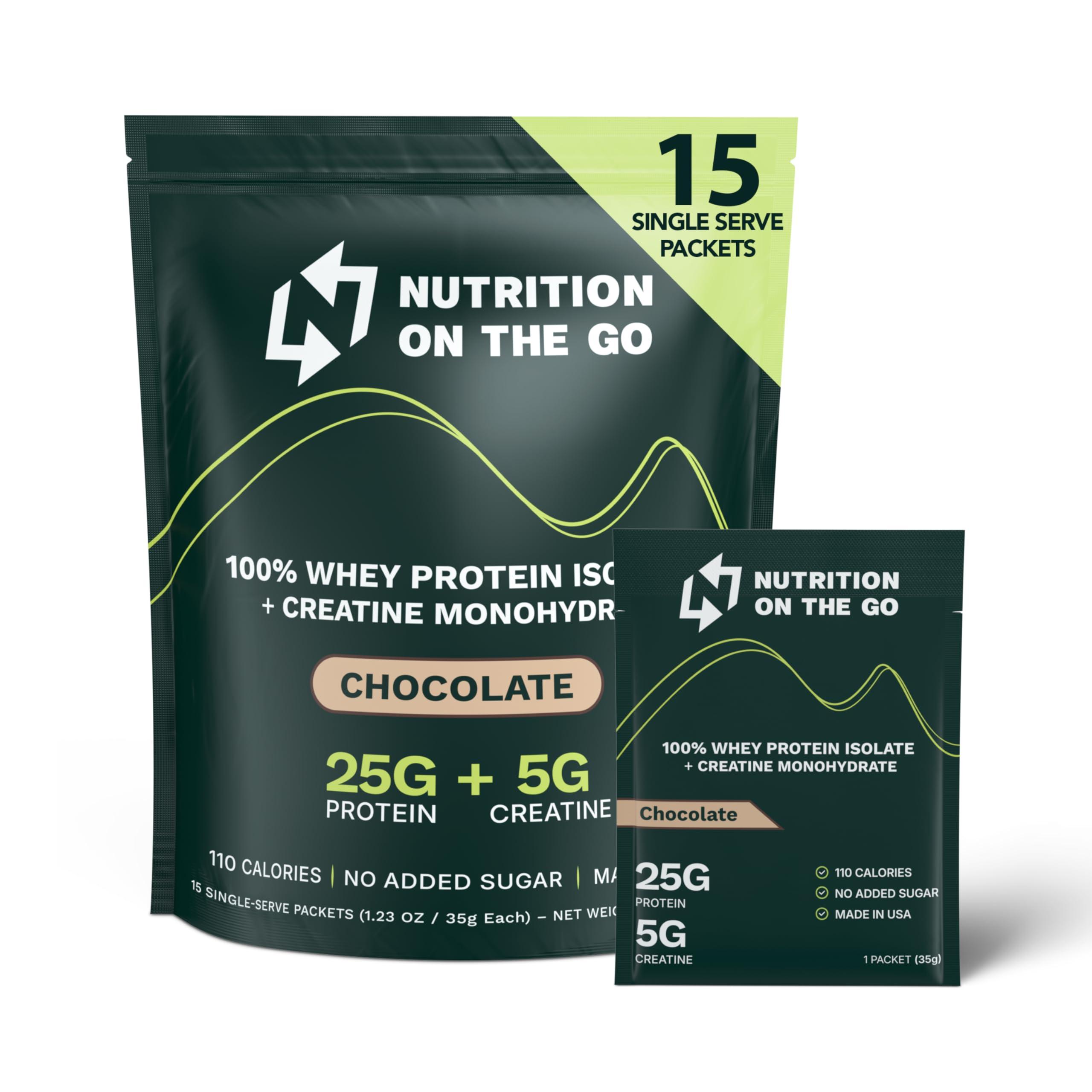 Nutrition On The Go Nutrition on the Go Chocolate Whey Protein Powder with Creatine - 25g Protein, 5g Creatine - Single-Serve Packets for Travel, On-the-Go - Gluten-Free, No Added Sugar - (15-Pack)