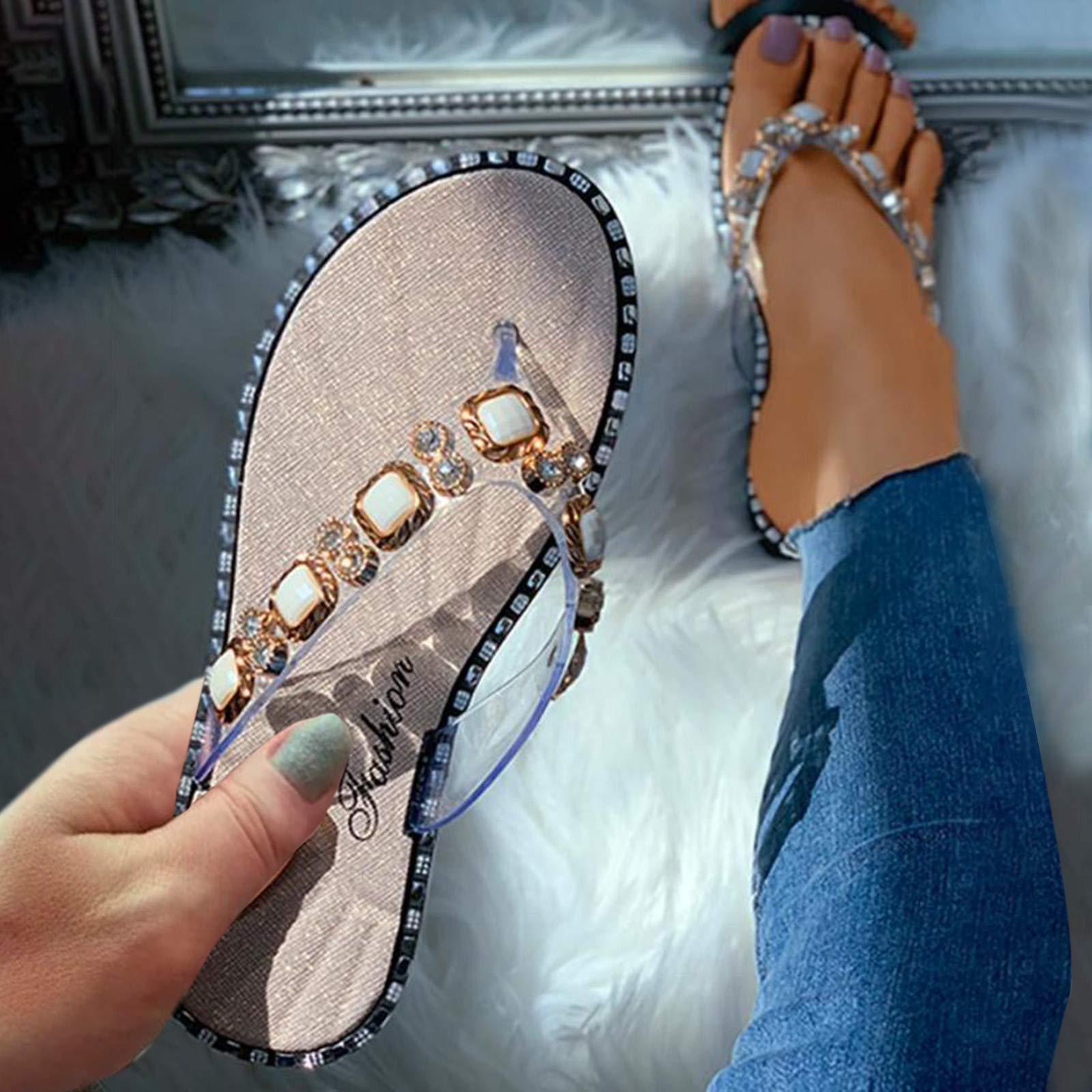 ZBYY ZBYY Womens Flip Flops Sandals Bohemian Rhinestone Open Toe Casual Flats Sandals Comfort Beach Flat Walking Shoes