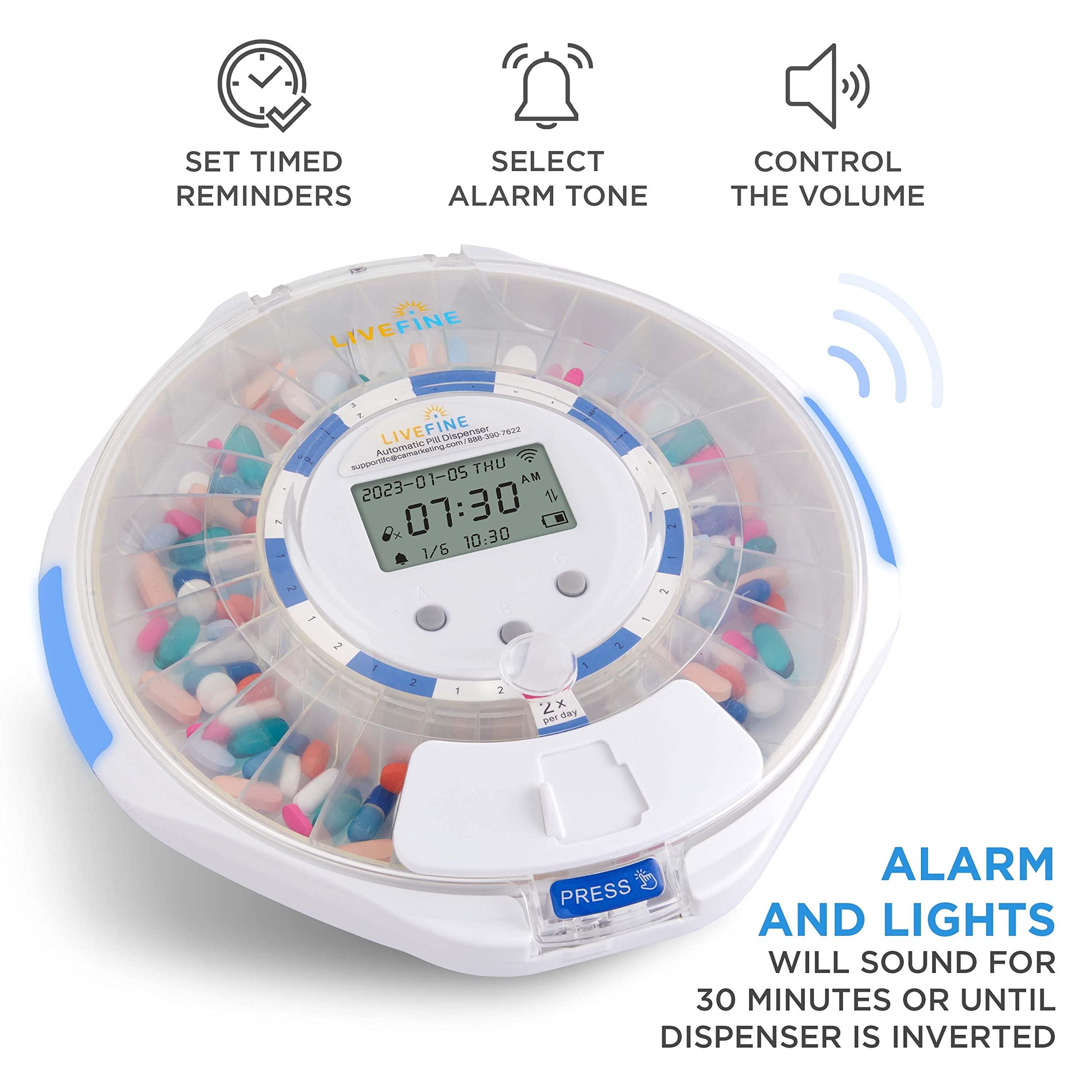 Live Fine LiveFine Smart WiFi Automatic Pill Dispenser Clear Lid | 28-Day Medication Organizer Up to 9 Doses Per Day for Care Monitoring with Lock Key, Light/Sound Alarms for Prescriptions & Vitamins