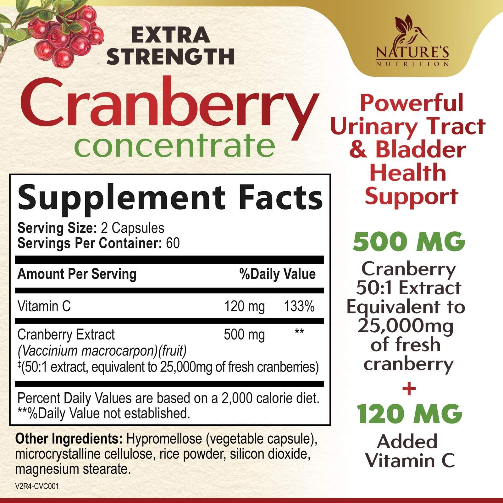 Nature's Nutrition Cranberry Concentrate Extract Supplement for Women & Men + Vitamin C & E - 25,200mg Formula for Urinary Tract Health Support, Non-GMO and Gluten Free, Cranberry Pills Supplement - 120 Softgels