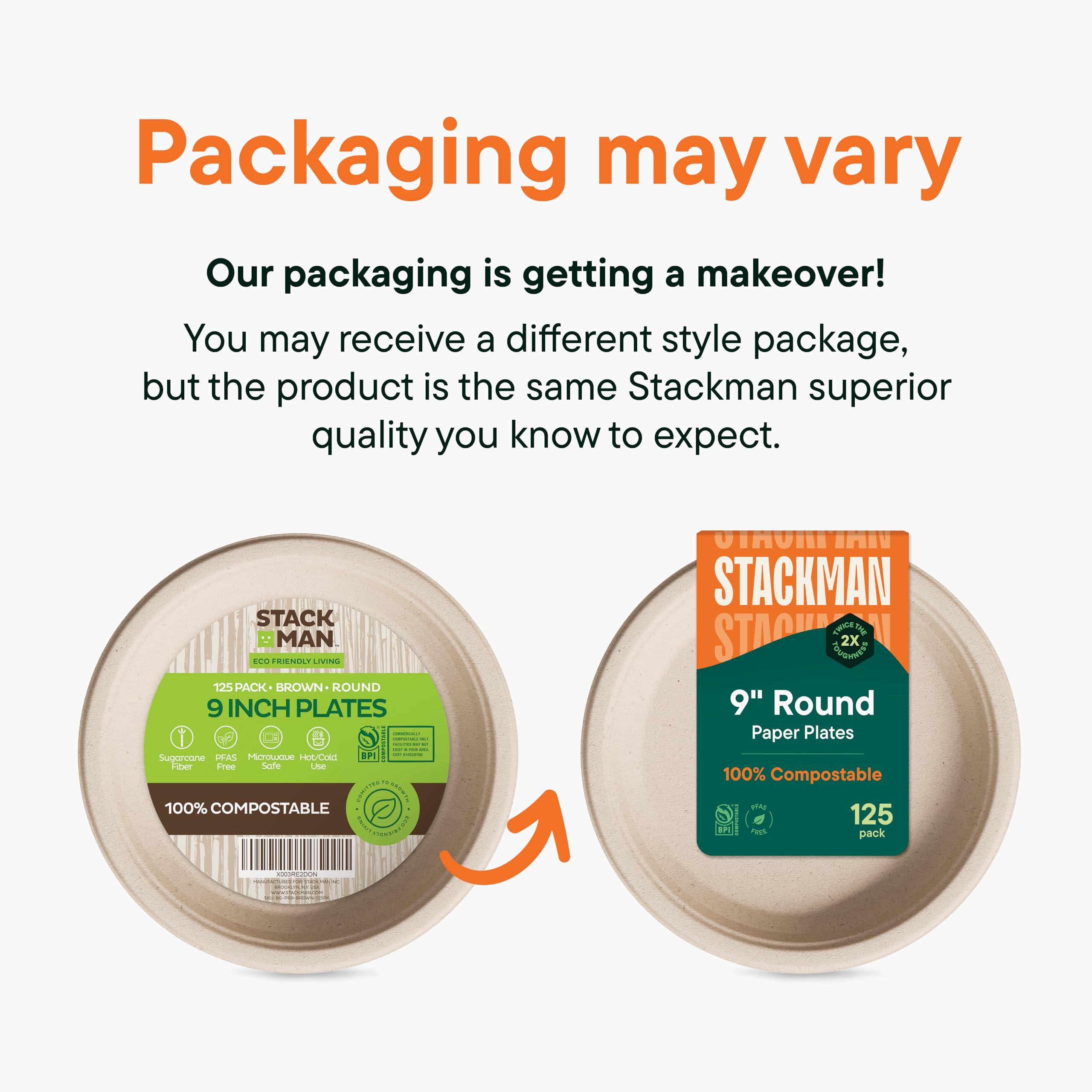 Stack Man 100% Compostable Paper Plates 9 Inch [500 Count] Heavy-Duty Dinner Plates - Natural Brown Color Unbleached Bagasse - Eco-Friendly Disposable Biodegradable Sugarcane Plates - [Bulk Case 4/125 Pack]