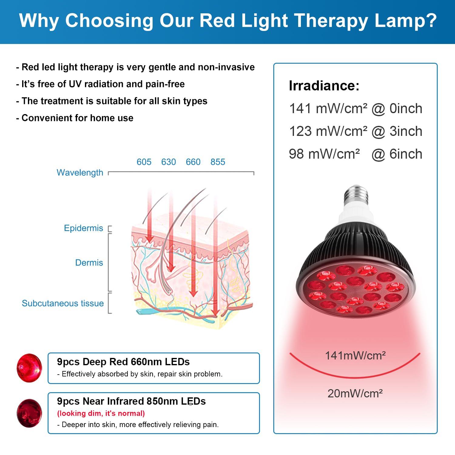 wolezek Wolezek Red Light Therapy Lamp with Lamp Holder, 660nm Red and 850nm Near Infrared Combo Wavelength LED Red Light Bulb, Red Light Therapy Device for Face and Body, Aluminium Shell, E27/E26 Standard