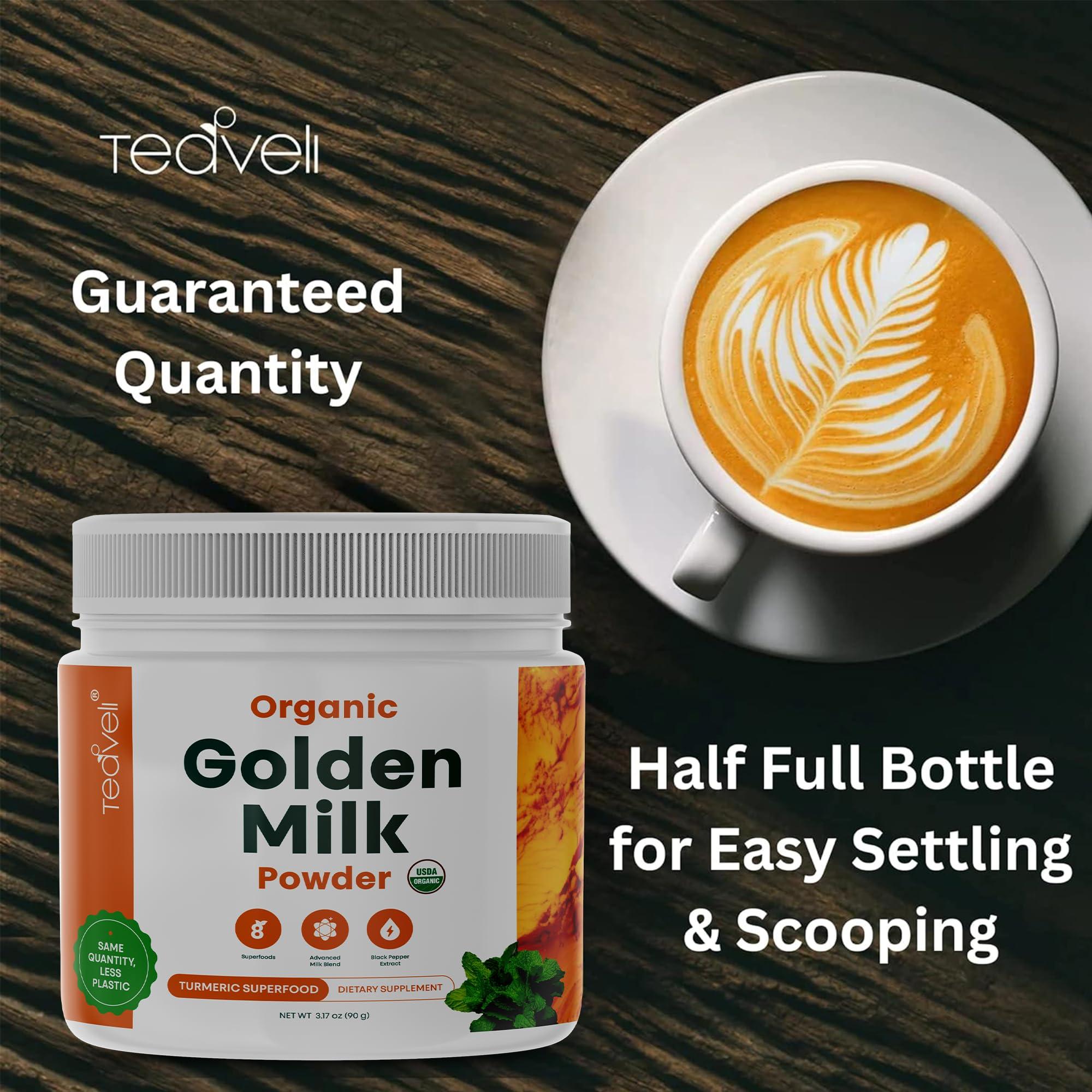 Teaveli Organic Golden Milk Powder (Leche Dorada organica) with Turmeric, Ginger, Curcumin, Cinnamon, KSM66 Ashwagandha, Tulsi & Natural Prebiotics Delicious Vegan-Friendly, Unsweetened Turmeric Tea Latte