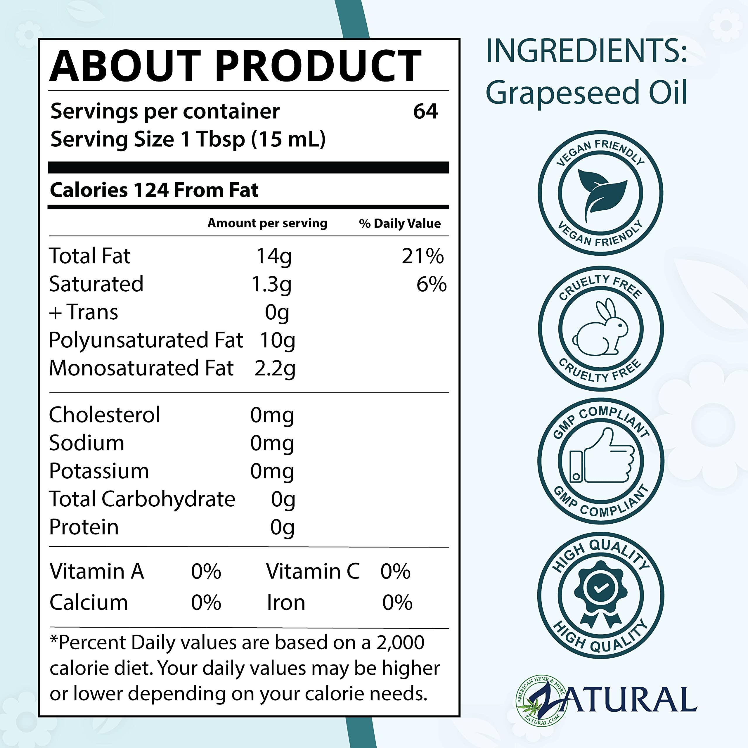 Zatural Zatural Grapeseed Oil Organically Grown 100% Pure Cold Pressed Virgin High Tempurature Cooking Oil (32oz)