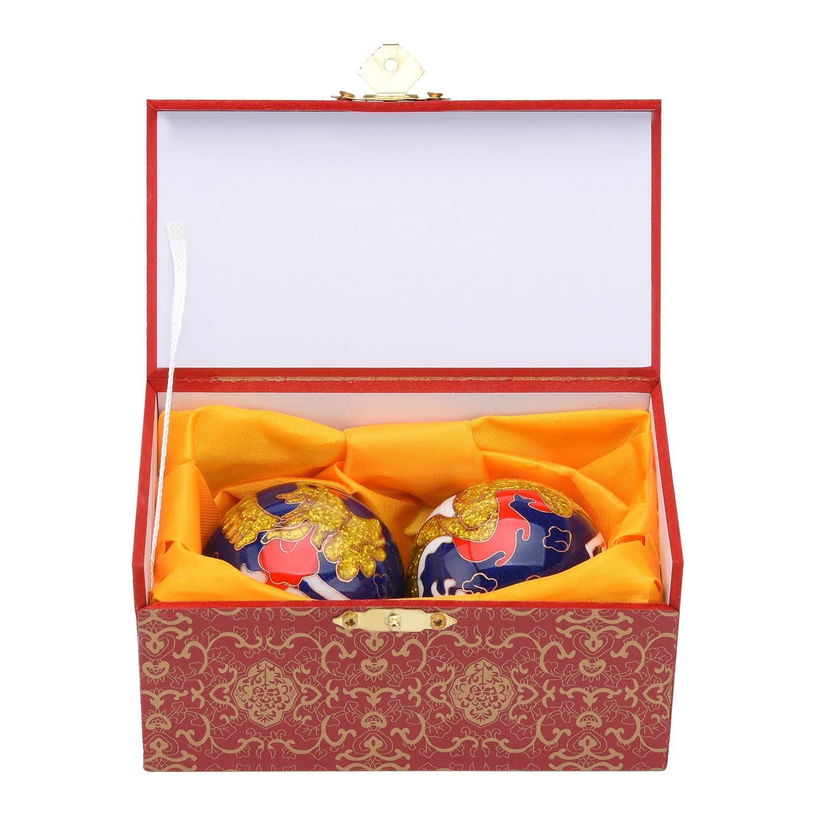 BRABUD 1.97'' Baoding Balls Hand Exercise Stress Balls with Chimes Dragon&Phoenix Pattern Blue Balls with Box Parents Gift TQZDBS81
