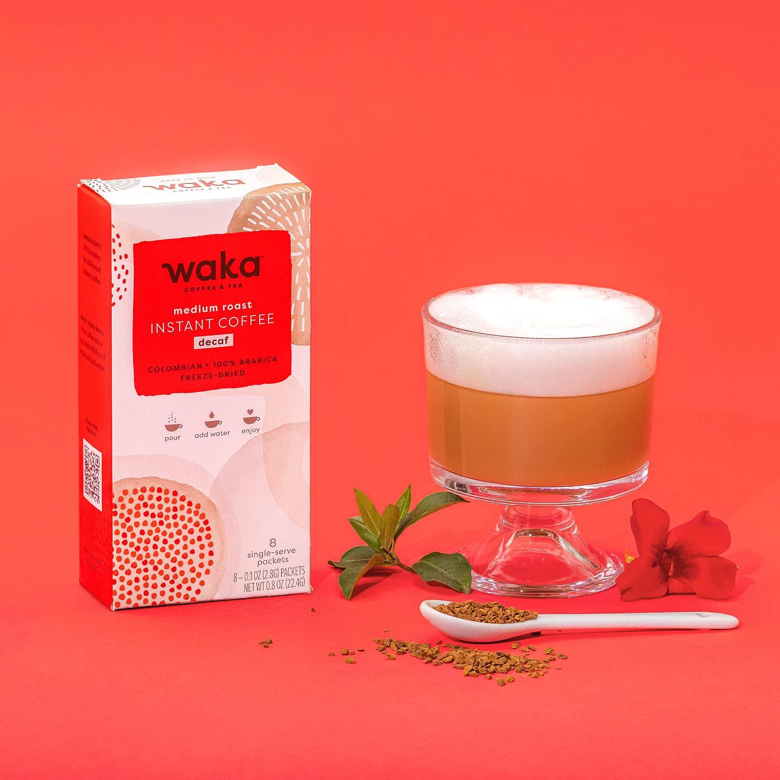 Waka Coffee Waka Quality Instant Coffee — Colombian Medium Roast 8 oz and Colombian Decaf Single Serve Box — 100% Arabica Freeze Dried Beans — No Sugar Added & Unsweetened
