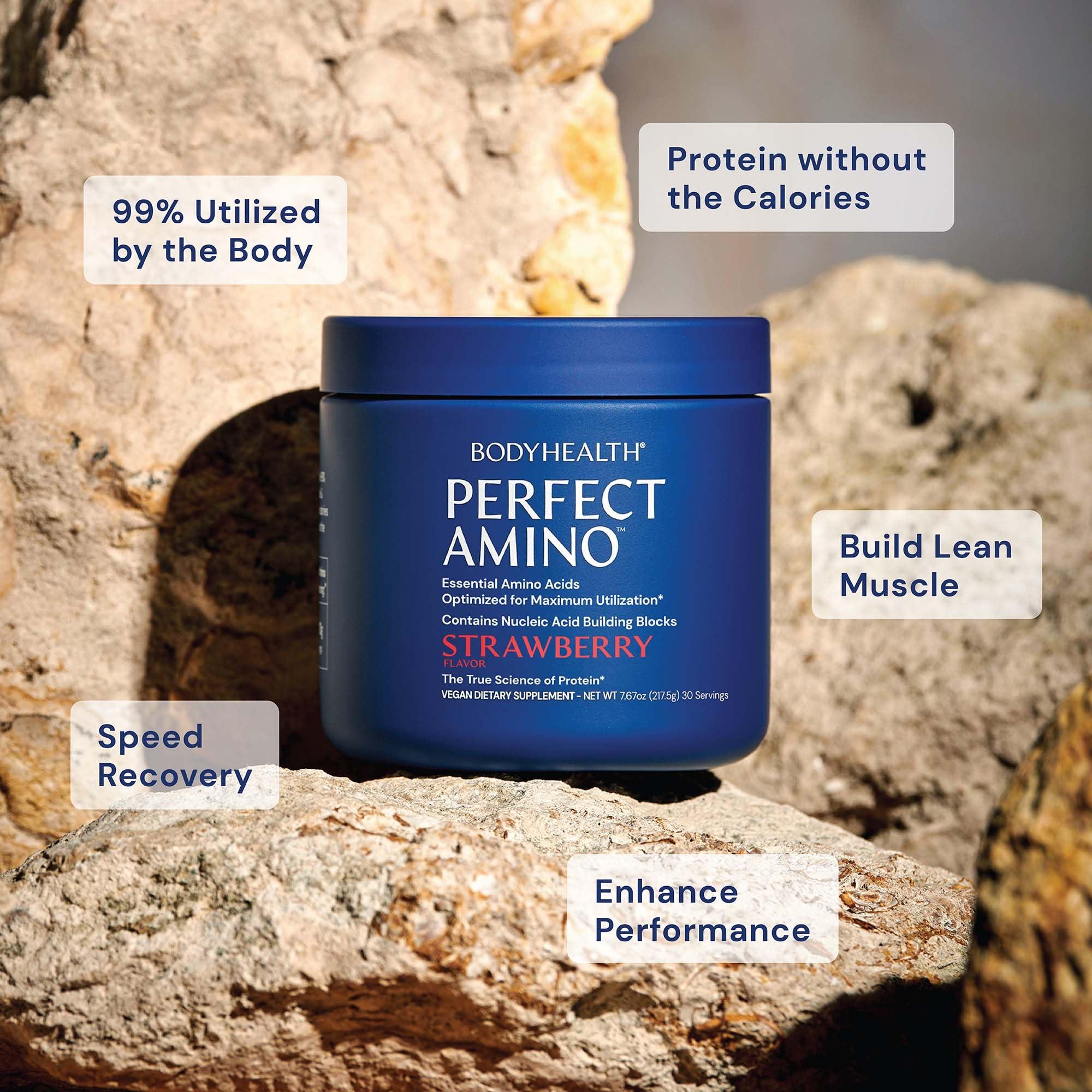 BodyHealth BodyHealth PerfectAmino Powder - BCAA and EAA Powder for Pre and Post Workout - Amino Acid Energy Drink Powder for Men and Women to Support Lean Muscle and Recovery - Strawberry - 30 Servings