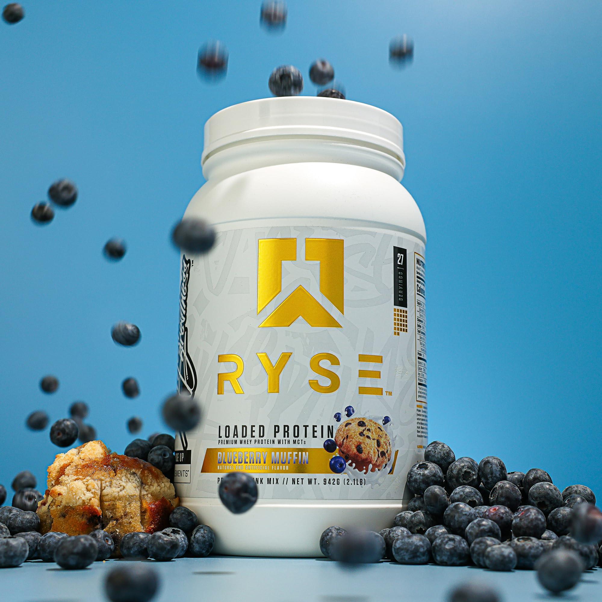RYSE Up Supplements Ryse Loaded Protein Powder | 25g Whey Protein Isolate & Concentrate | with Prebiotic Fiber & MCTs | Low Carbs & Low Sugar | 27 Servings (Blueberry Muffin)