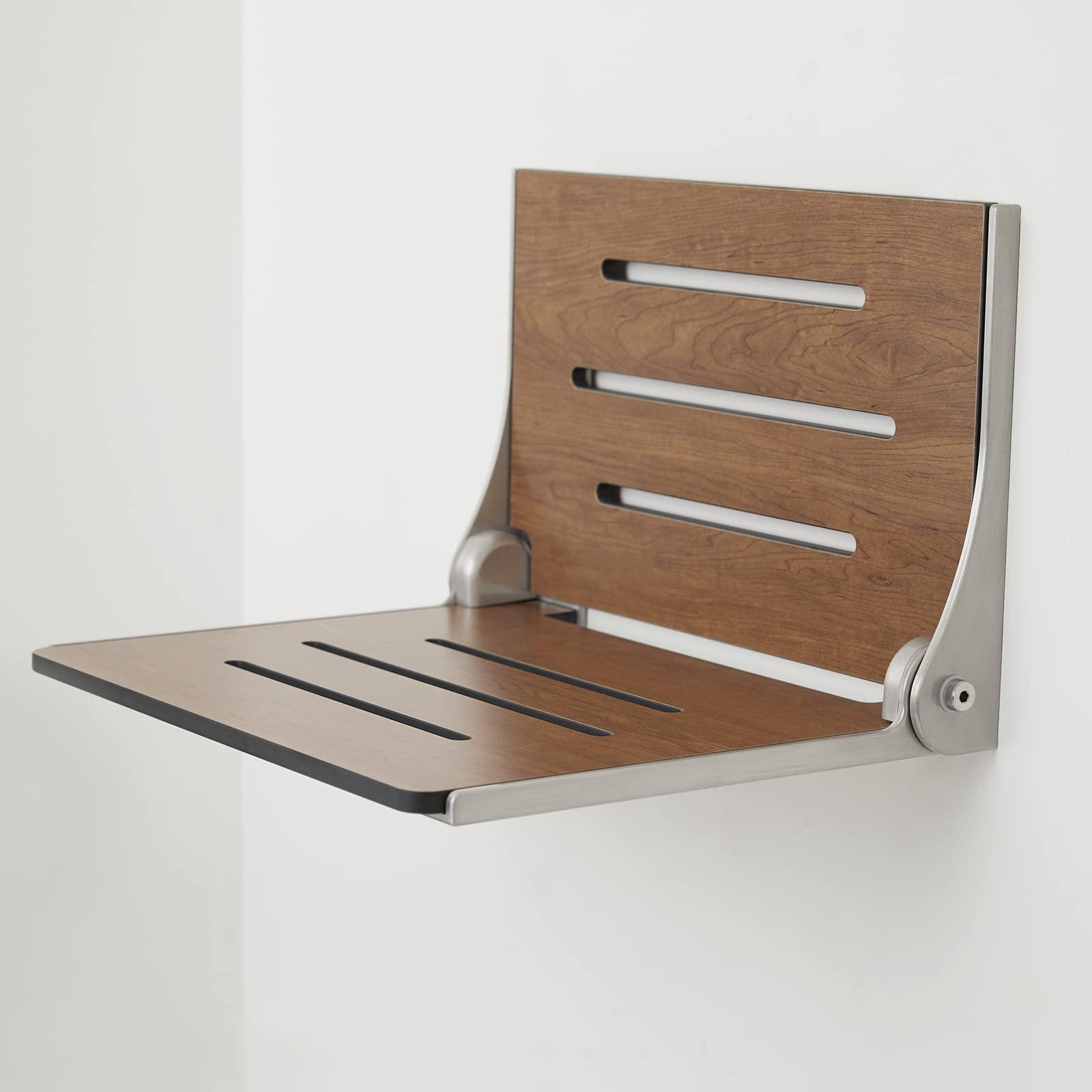 Seachrome Seachrome Silhouette Folding Wall Mount Shower Bench Seat, Rustic Teak Seat with Silver Frame (SHAF-185155-PRTS-S-SL)