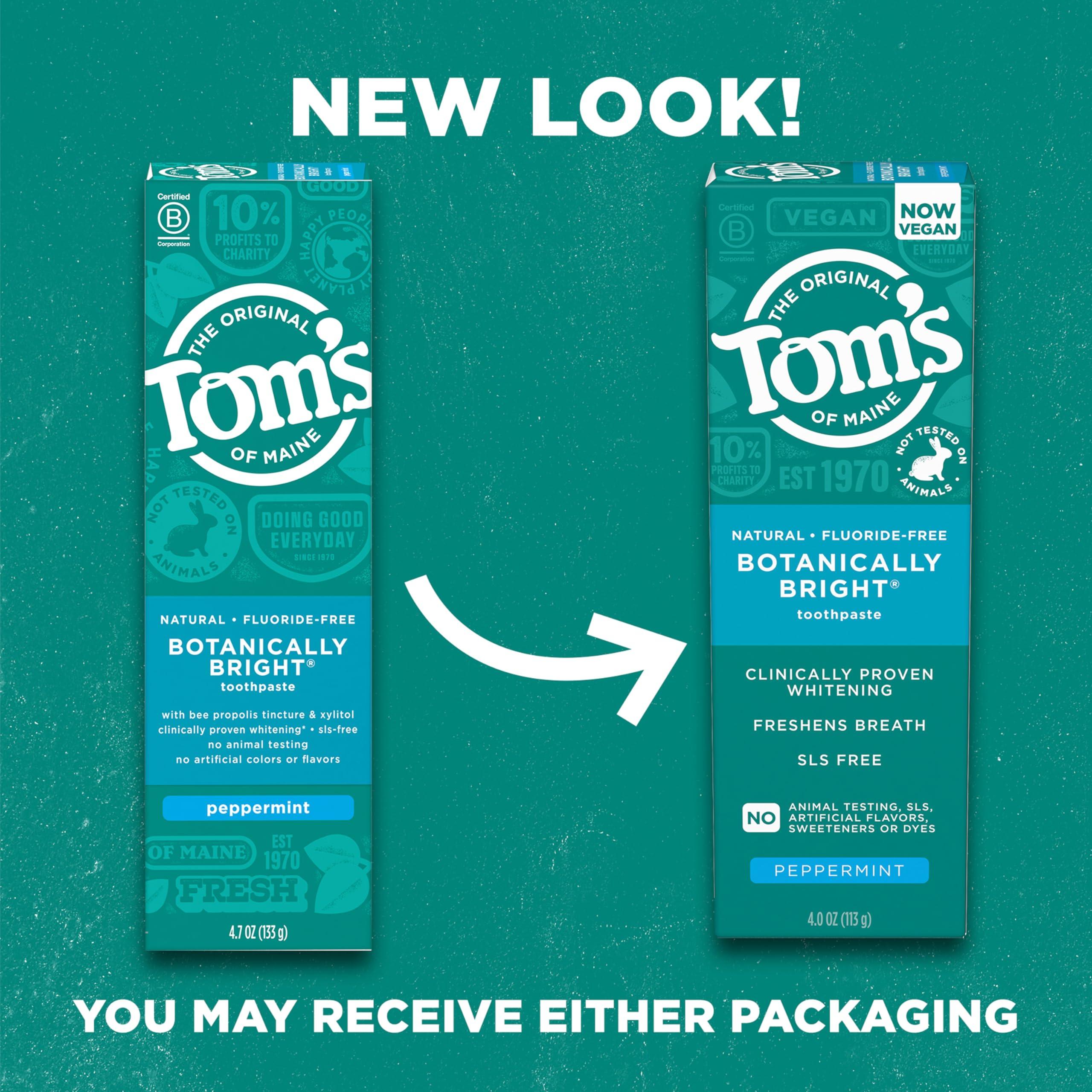 Tom\'s of Maine Toms of Maine Botanically Bright Natural Whitening Toothpaste, Fluoride Free and SLS Free, Vegan, Peppermint, 3 Pack, 4.0 Oz