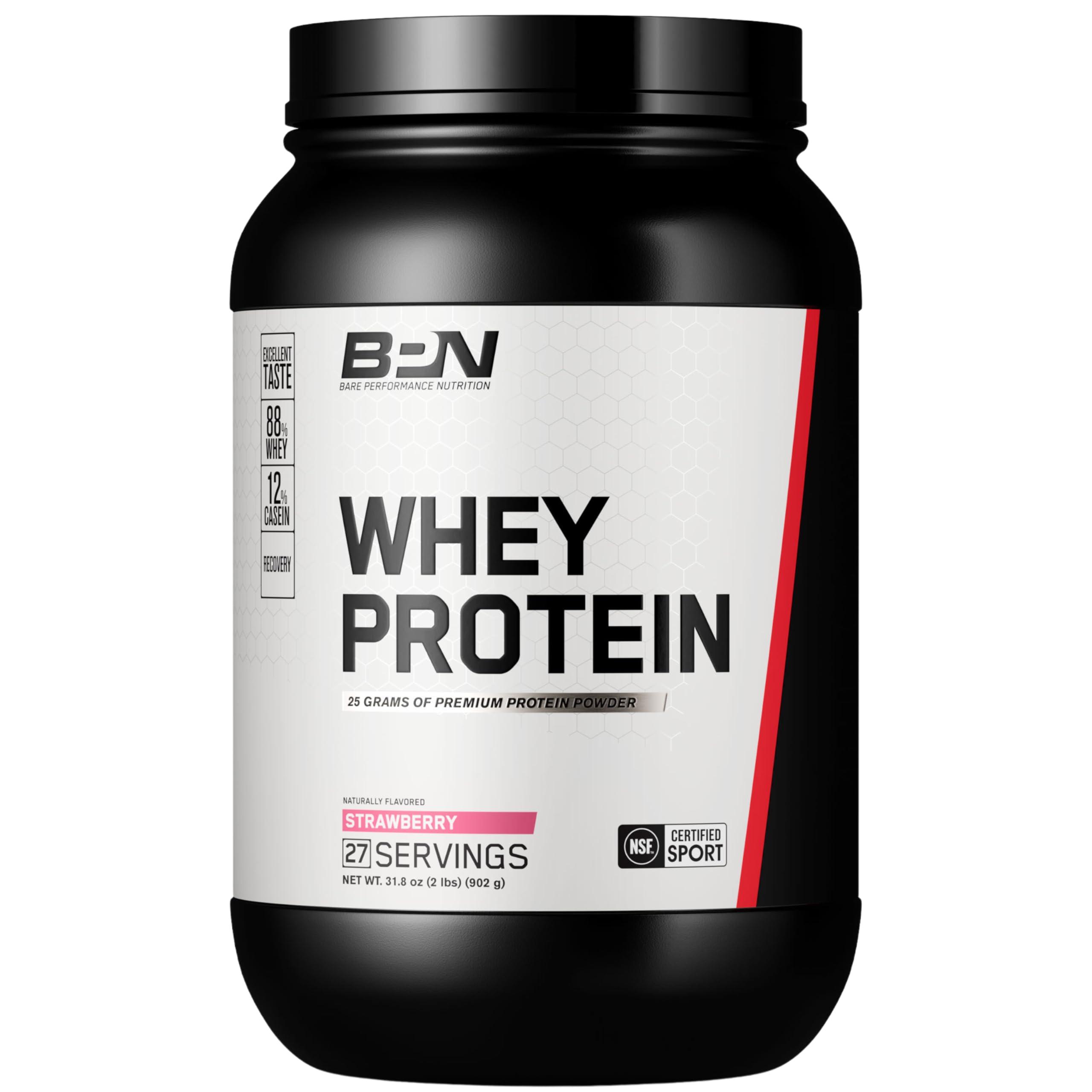 BARE PERFORMANCE NUTRITION BARE PERFORMANCE NUTRITION, BPN Whey Protein + Casein Protein Powder Blend, Strawberry, 25g Protein per Serving Supports Lean Muscle Recovery, 27 Servings, Third Party Tested