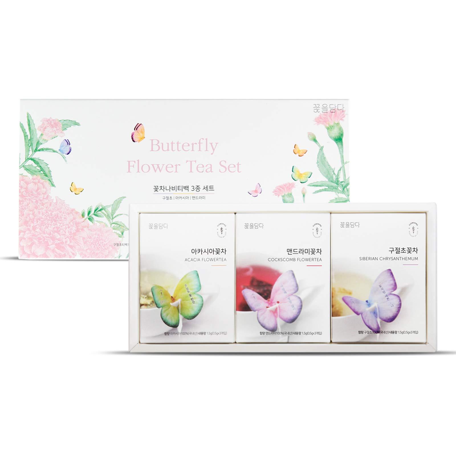 KKOKDAM KKOKDAM Korean Tea Gift Set 3 Flavor Pink Tea Variety Pack with Butterfly Tea Bags Unique Fancy Tea Bag Sampler Elegant Korean Gift Box for Tea Lovers Perfect Tea Gifts