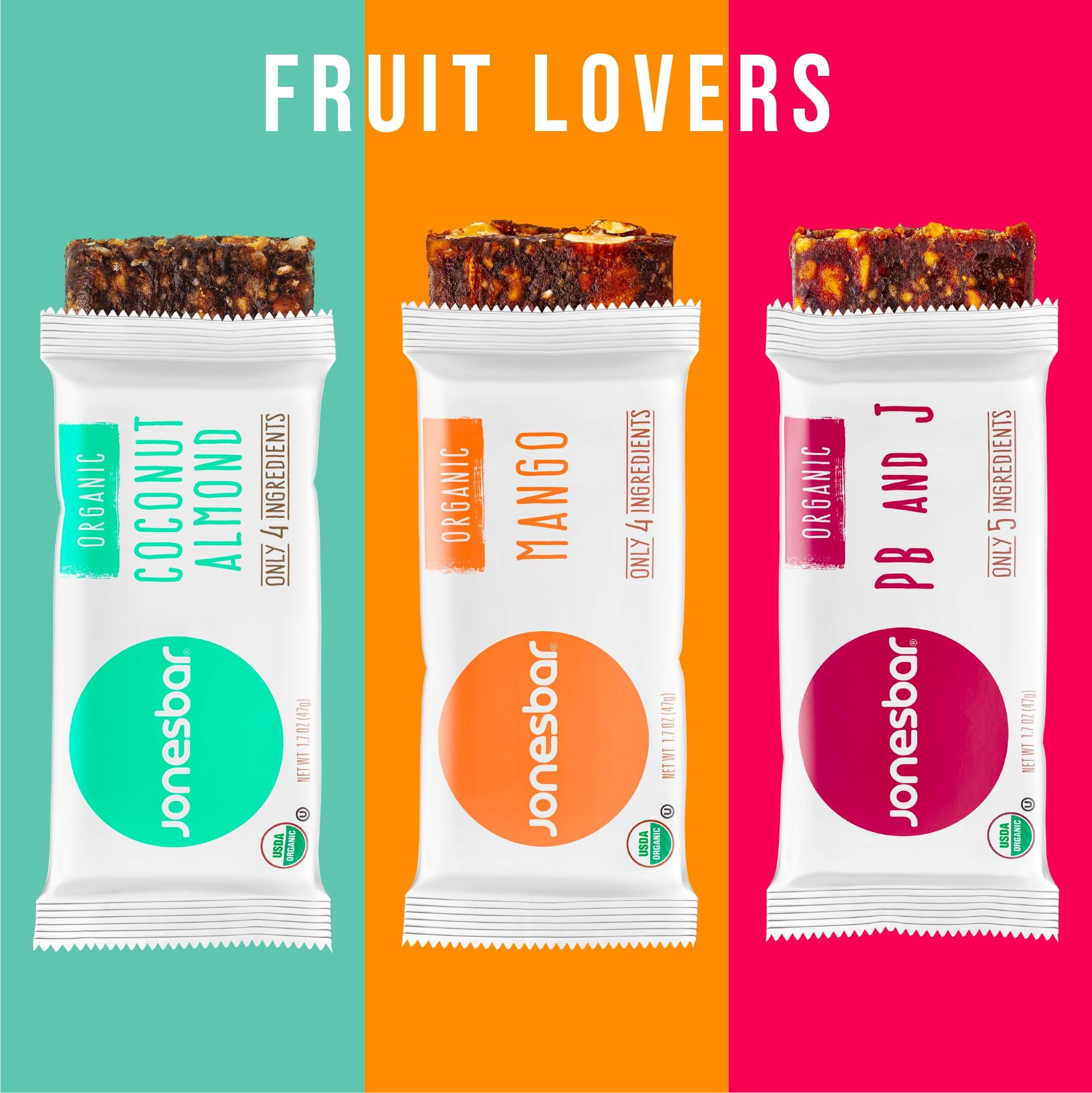 jonesbar JONESBAR Fruit Lovers (12 Count (Pack of 1)), USDA Organic Fruit & Nut Bar, Non-GMO, Kosher, Vegan, Gluten Free, Simple Snack Bar