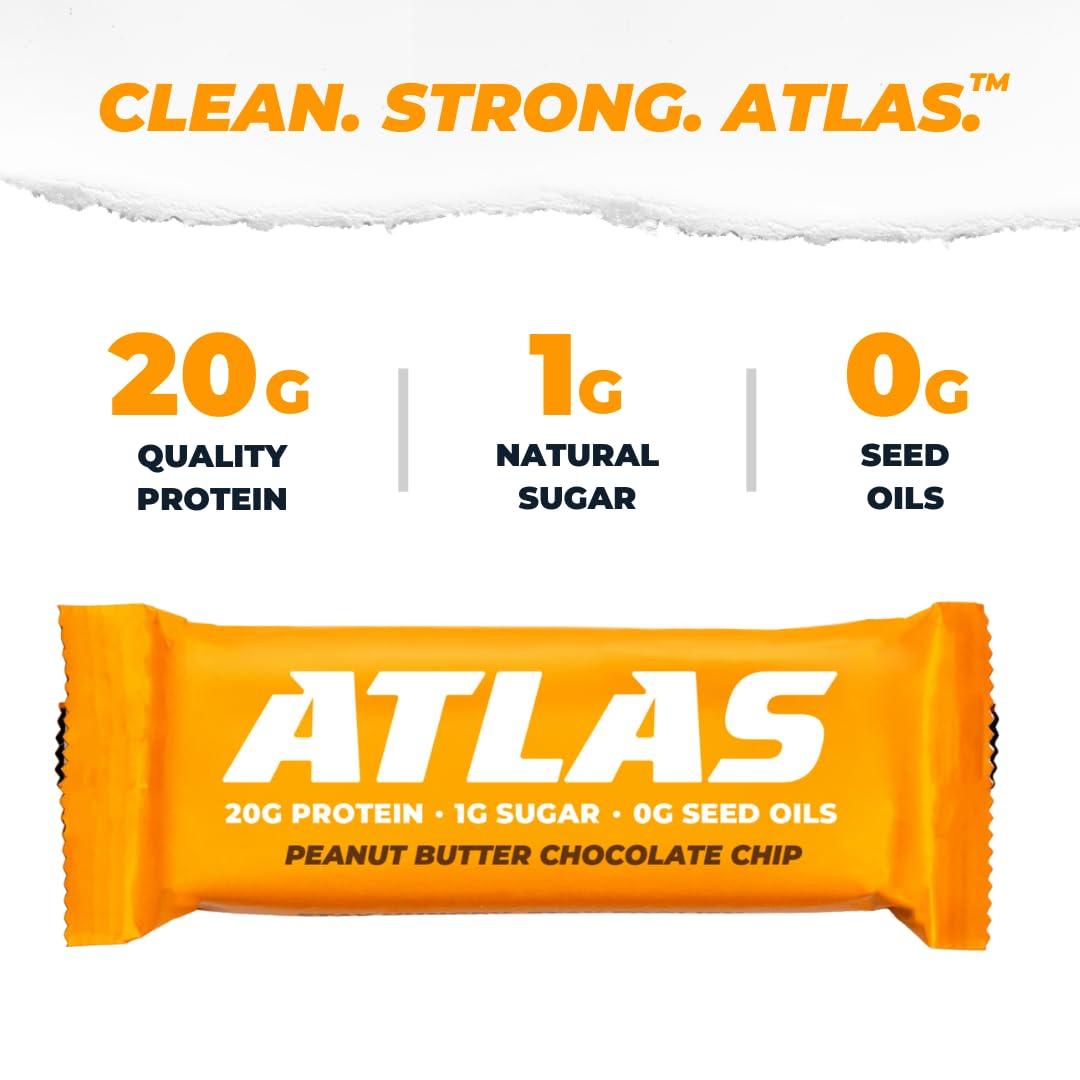Atlas Protein Bar Atlas Protein Bar, 20g Protein, 1g Sugar, Clean Ingredients, Gluten Free, Peanut Butter Chocolate Chip (12 Count, Pack of 3)