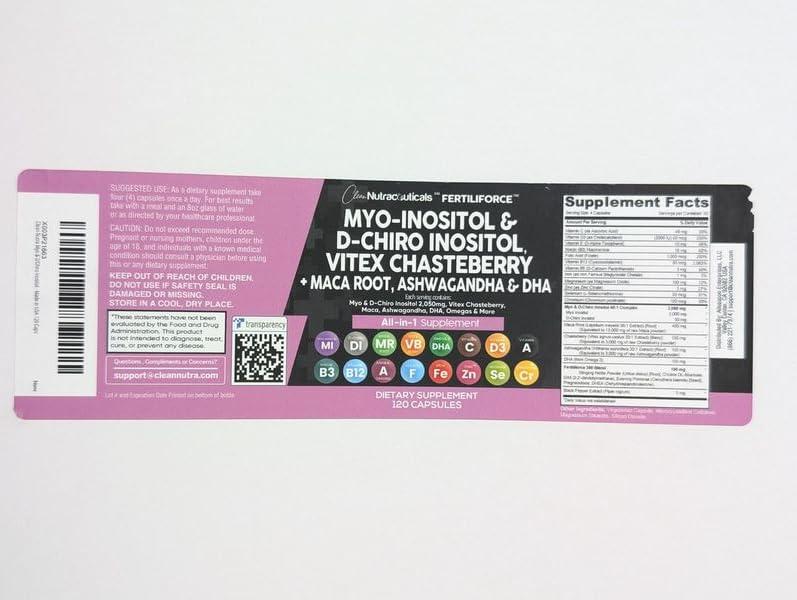 Clean Nutraceuticals Myo-Inositol & D-Chiro Inositol 2050mg Fertility Supplement 40:1 Ratio - Prenatal Vitamins for Women with Ashwagandha Maca Root Vitex Chasteberry Iron DHA Folic Acid DIM Zinc - 2Pack