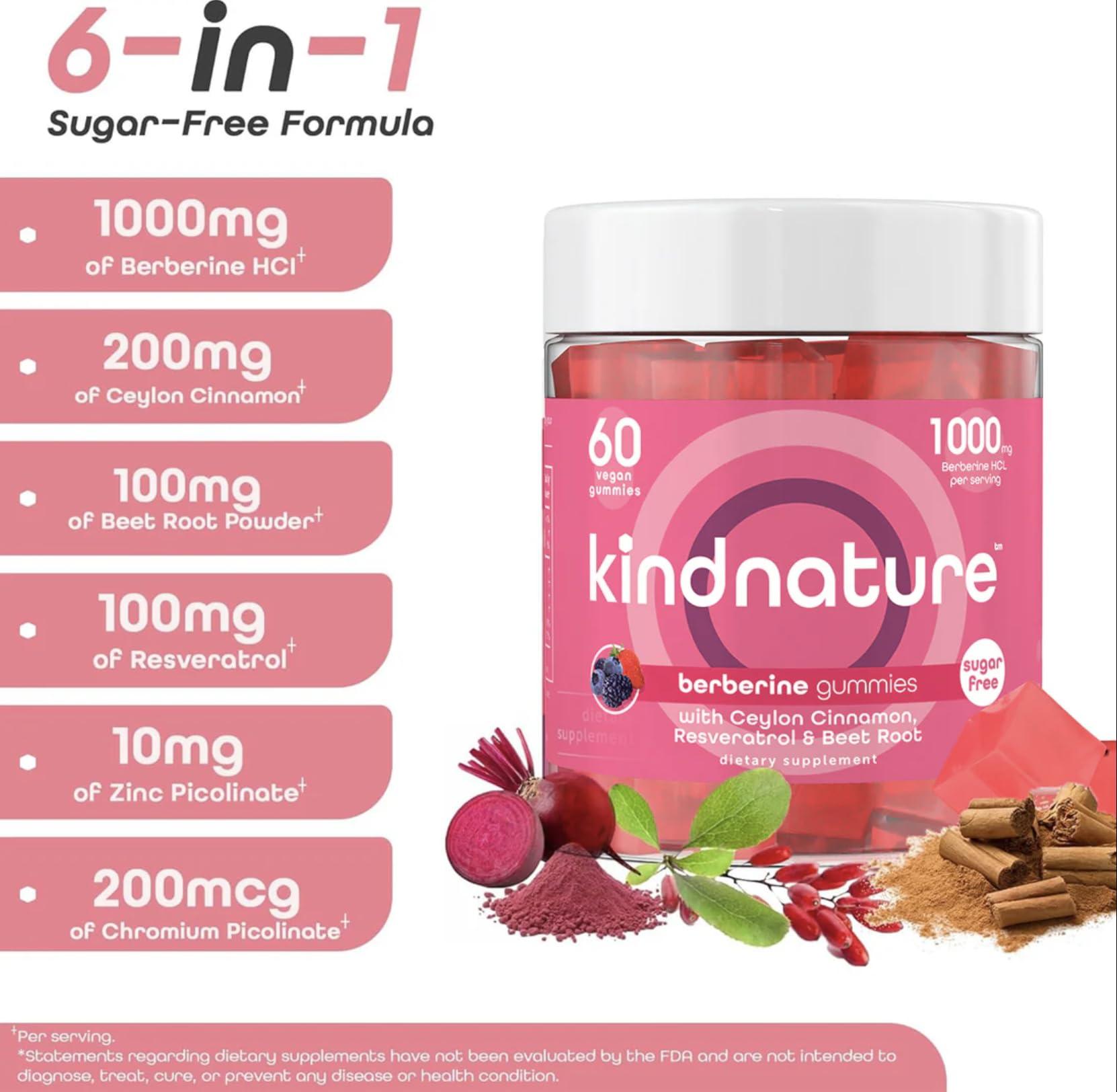 kindnature Kind Nature 1000mg Berberine Gummies - Sugar Free Natural Berberine Supplement Gummies with Ceylon Cinnamon & Beet Root - Non GMO, 3rd Party Tested Berberine Complex