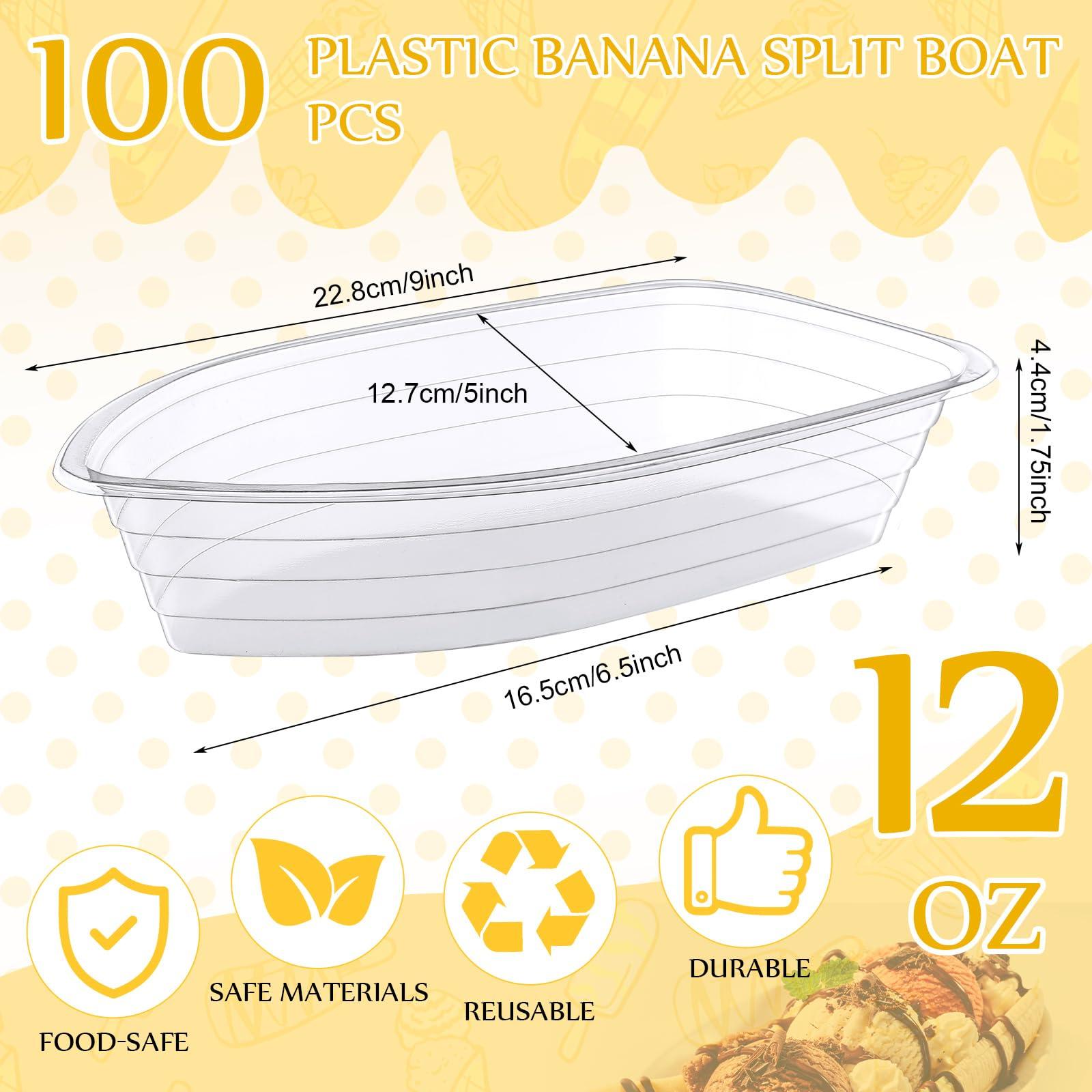 Rtteri Rtteri 100 Pcs Banana Split Boat Plate 12oz Disposable Ice Cream Sundae Bowls Banana Split Bowls Clear PET Plastic Splits Bowl Tray for Kid Party Dish Dessert Birthday Carnivals Gelato Home
