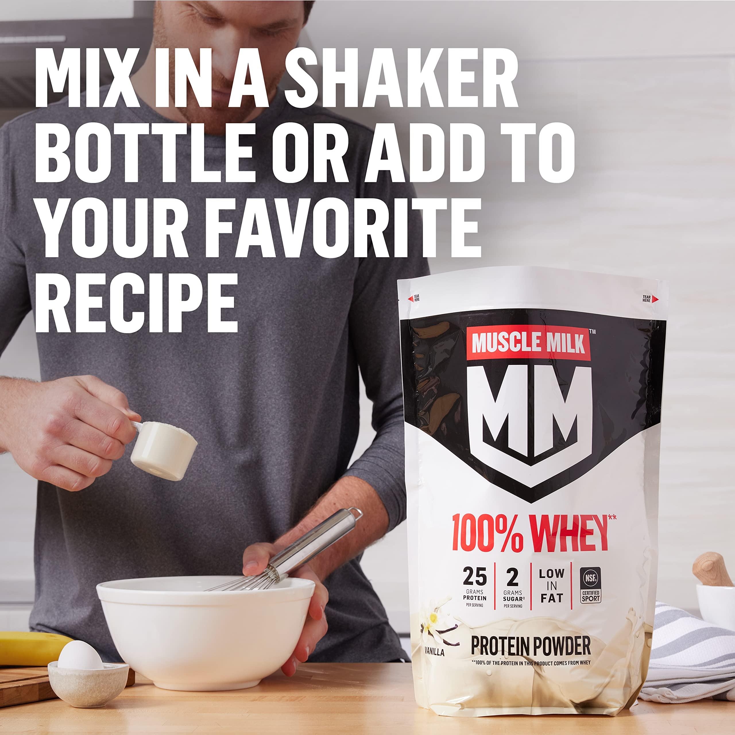 Muscle Milk Muscle Milk 100% Whey Protein Powder, Vanilla, 5 Pound, 66 Servings, 25g Protein, 2g Sugar, Low in Fat, NSF Certified for Sport, Energizing Snack, Workout Recovery, Packaging May Vary