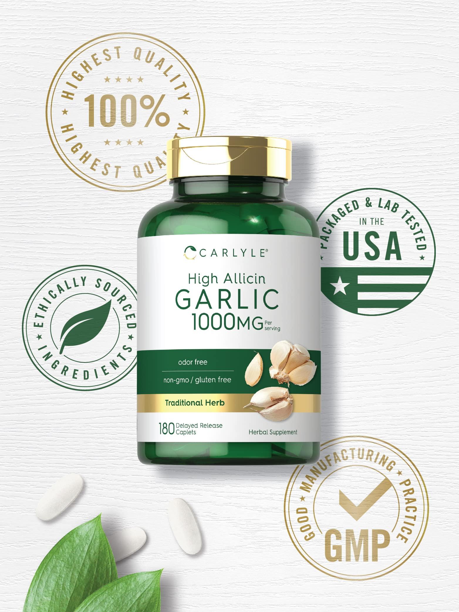 Carlyle Carlyle Garlic Supplement 1000mg | 180 Caplets | Odorless Pills | High Allicin Extract | Vegetarian, Non-GMO & Gluten Free